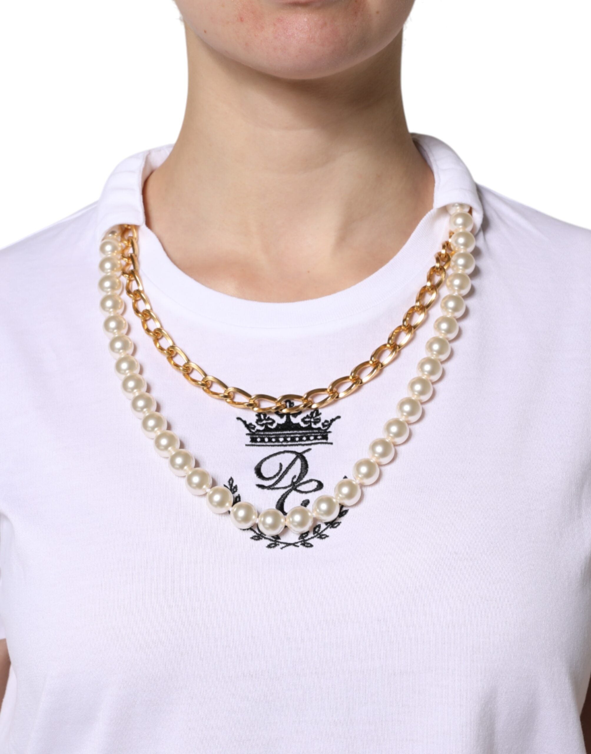 Tricou Dolce & Gabbana cu guler rotund din bumbac și perle albe