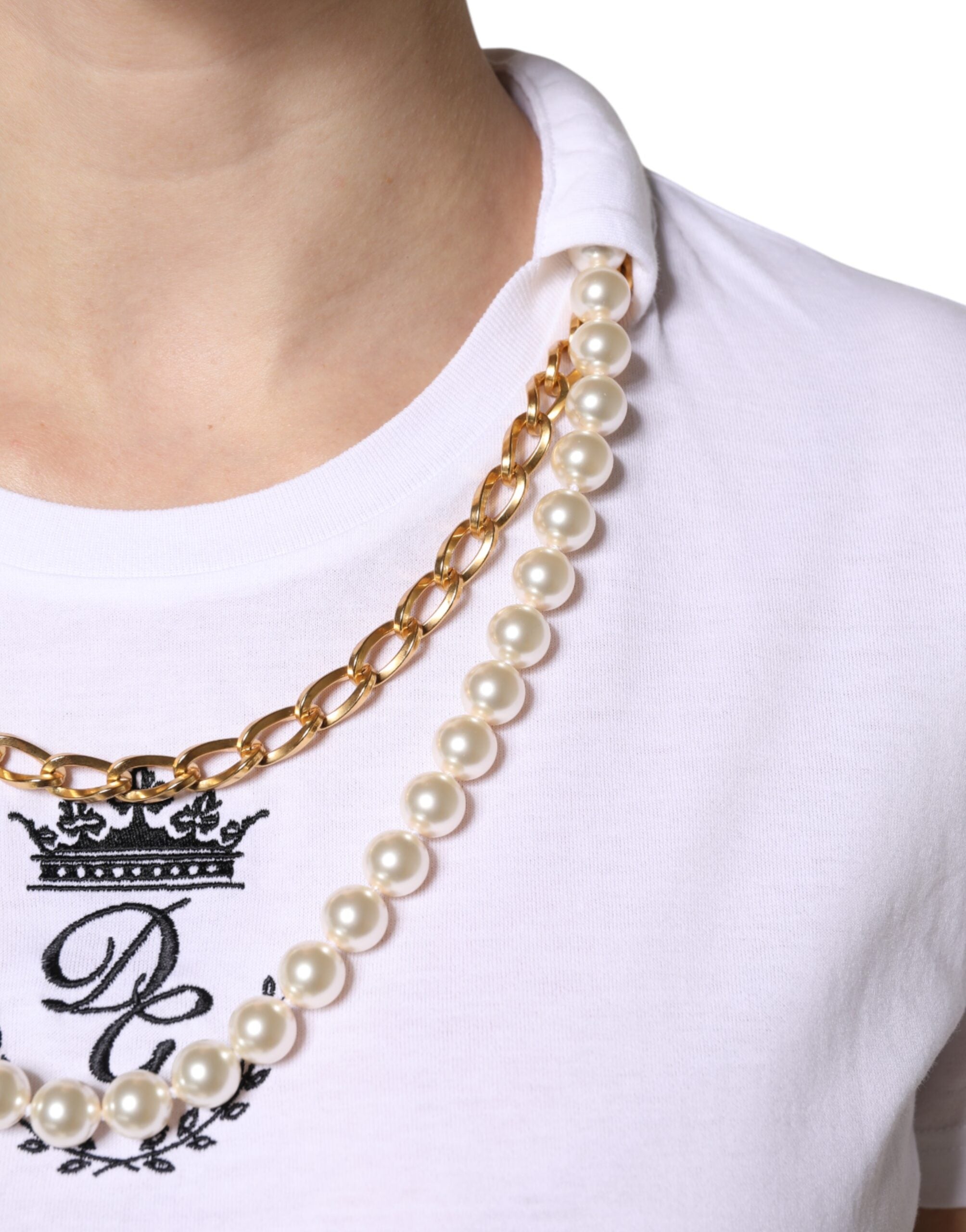 Tricou Dolce & Gabbana cu guler rotund din bumbac și perle albe