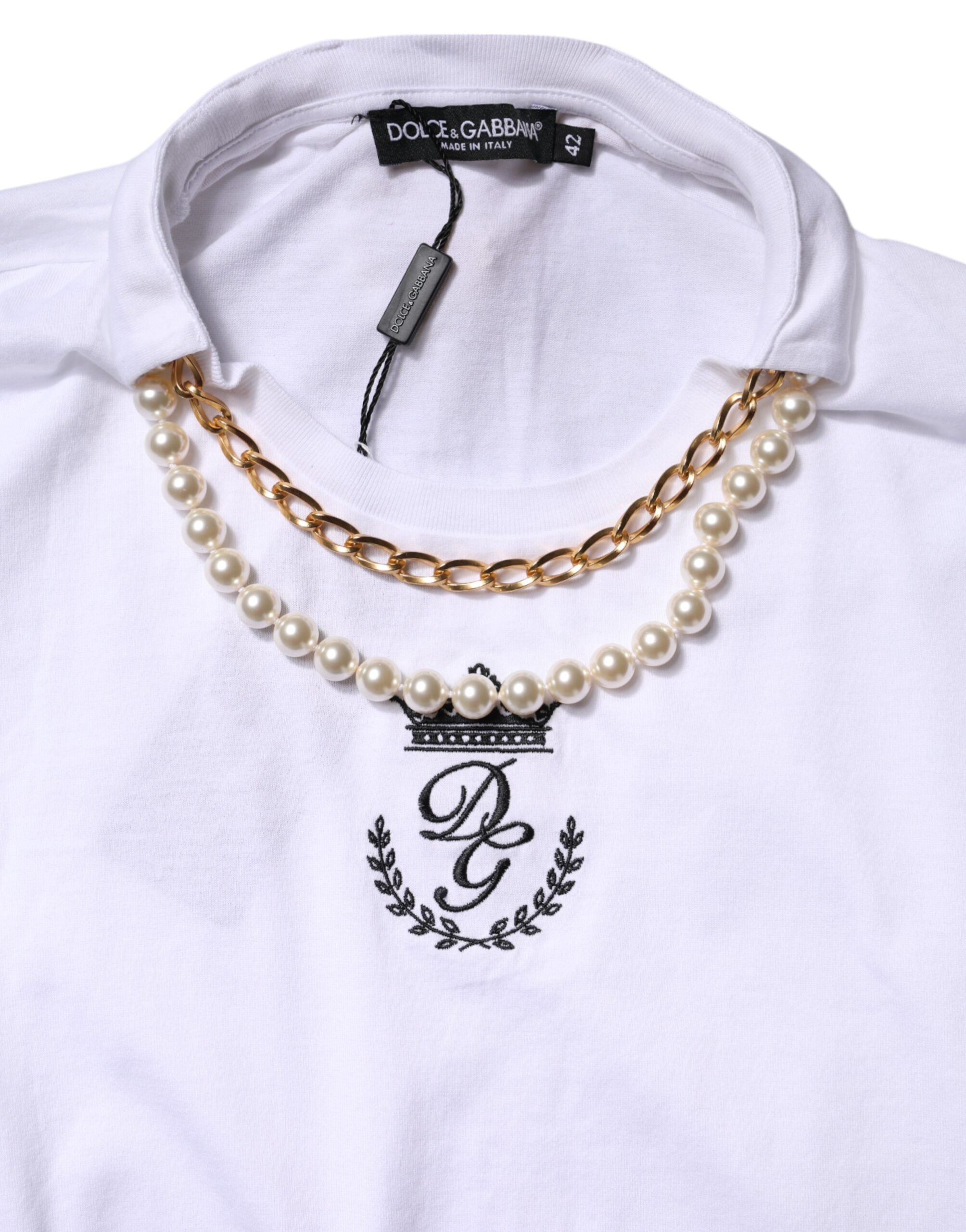 Tricou Dolce & Gabbana cu guler rotund din bumbac și perle albe