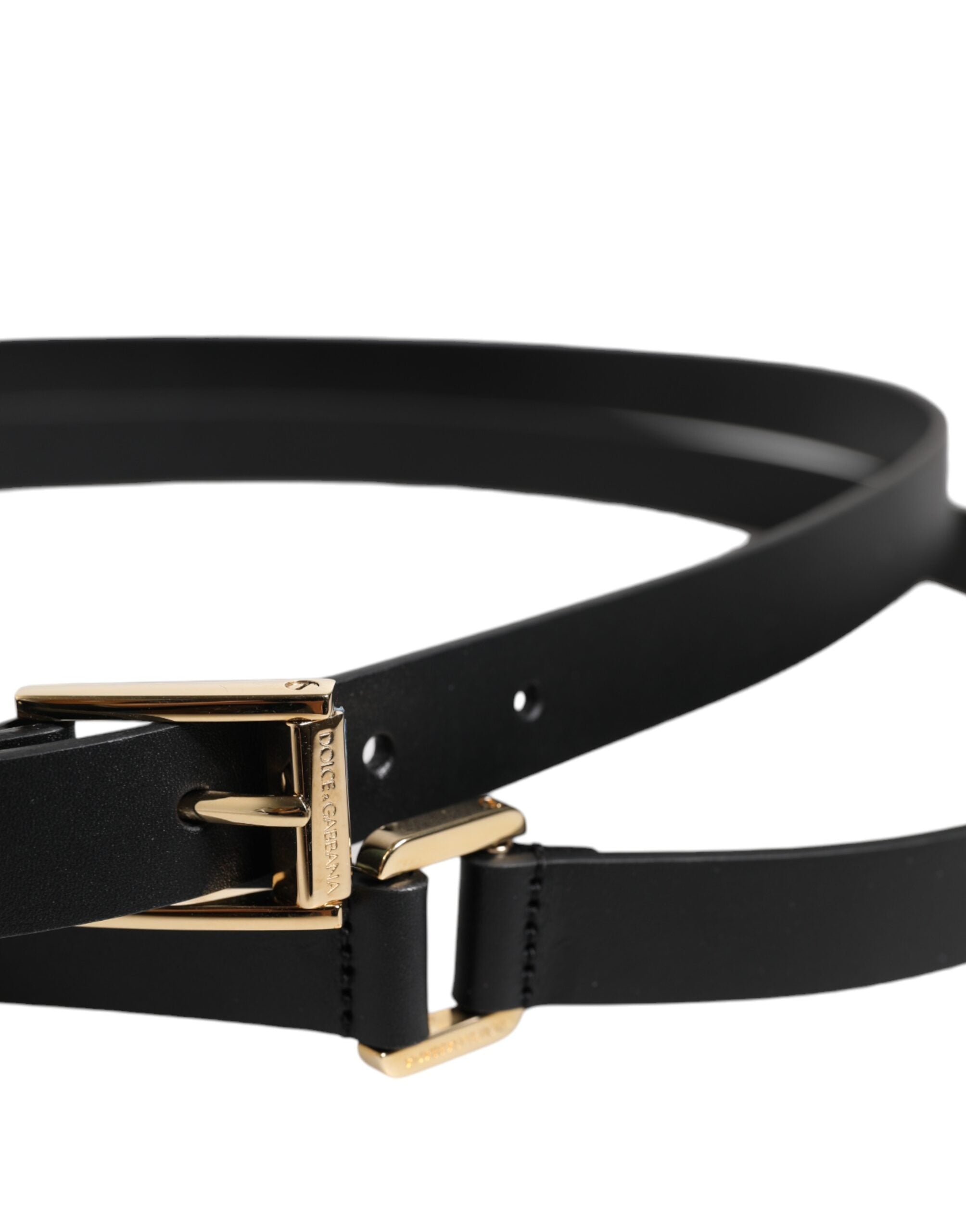 Curea Dolce & Gabbana neagră cu cataramă clasică din metal auriu cu logo