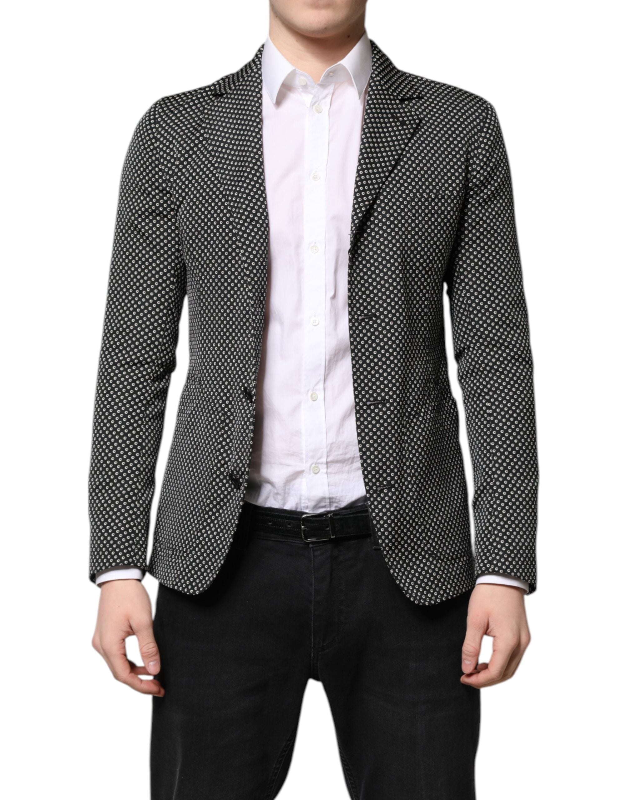 Dolce & Gabbana Schwarz Weiß Gemusterter Herren Anzug Mantel Blazer