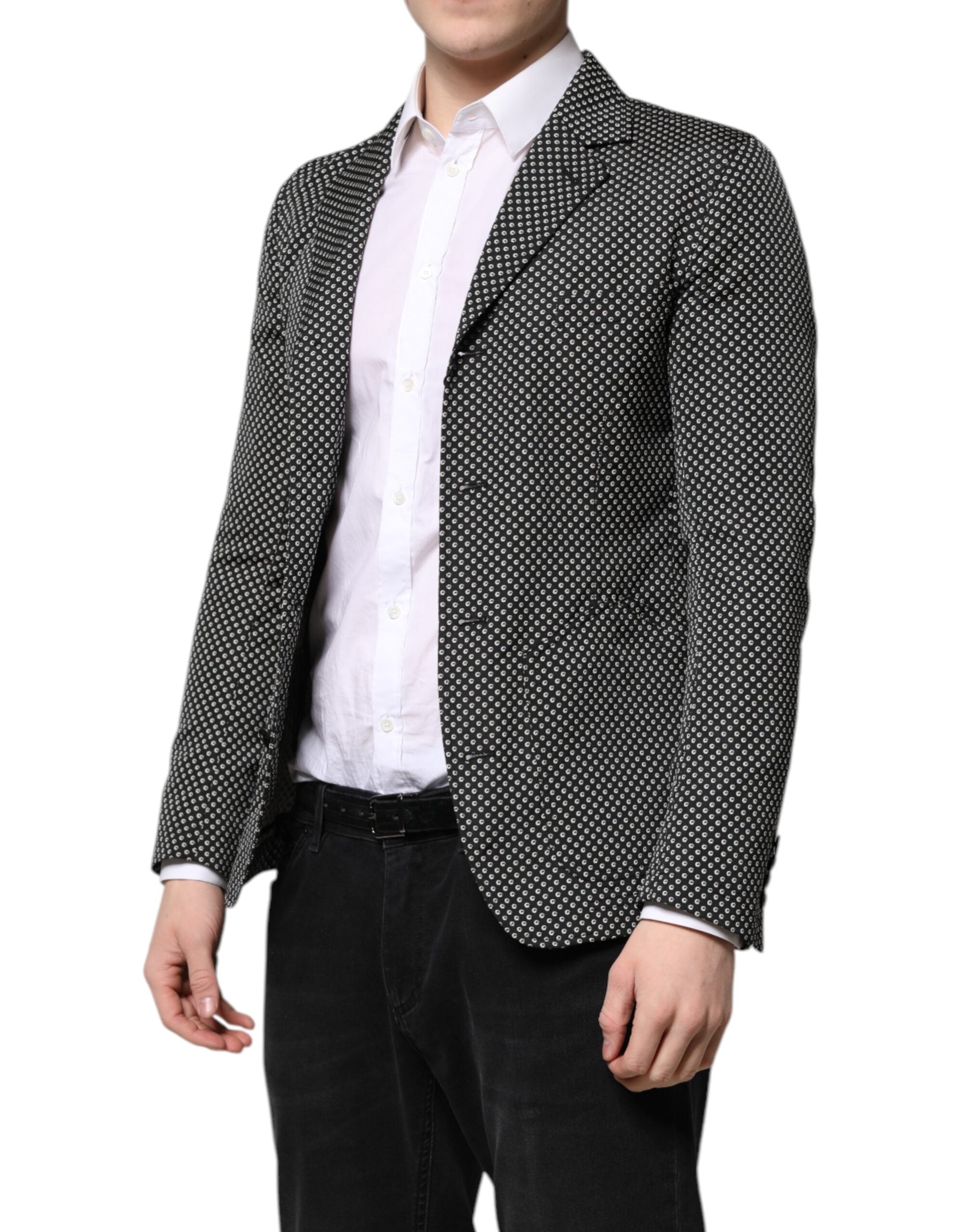 Dolce & Gabbana Schwarz Weiß Gemusterter Herren Anzug Mantel Blazer