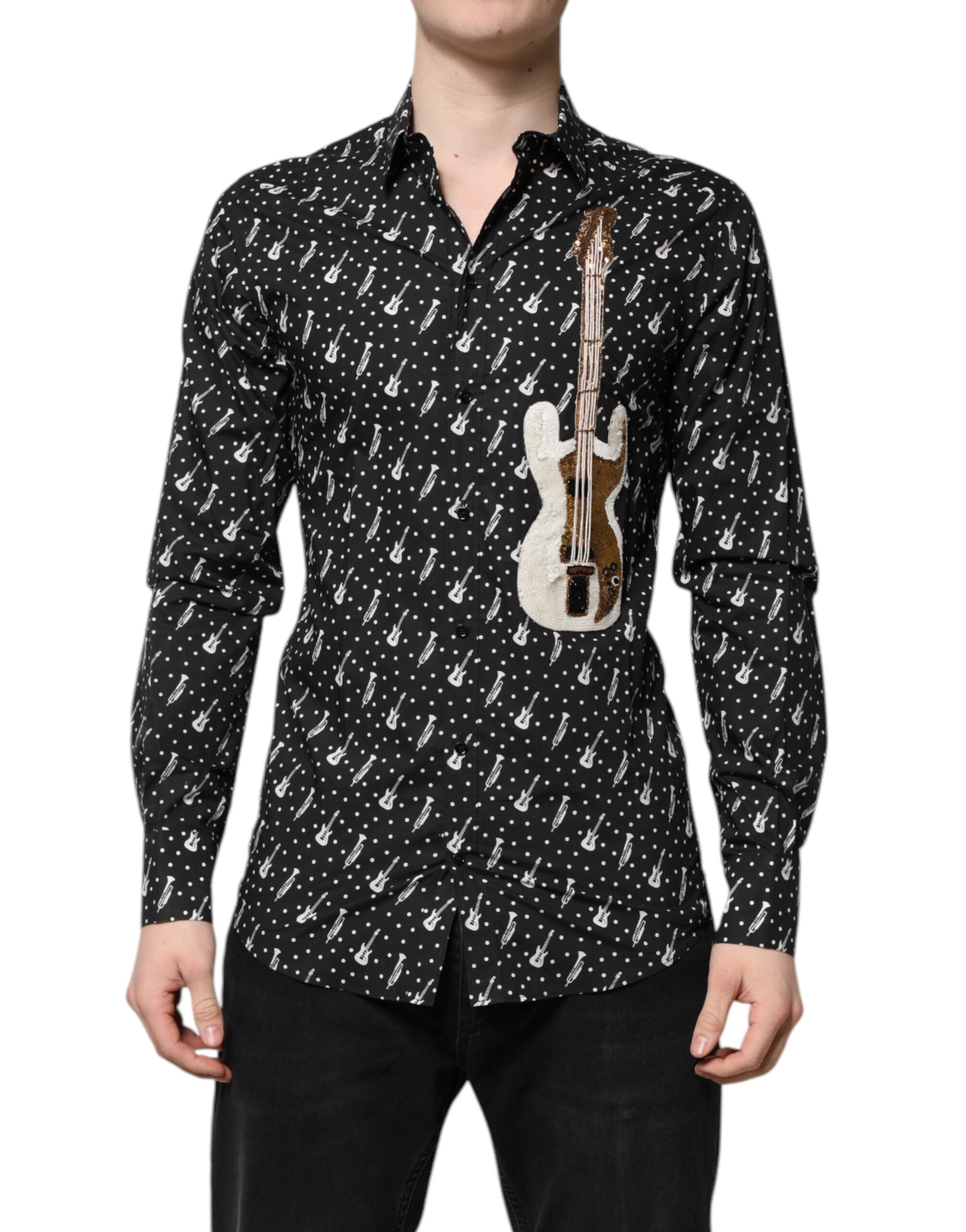 Dolce & Gabbana Schwarzes, mit GOLD verziertes Hemd mit Instrumenten