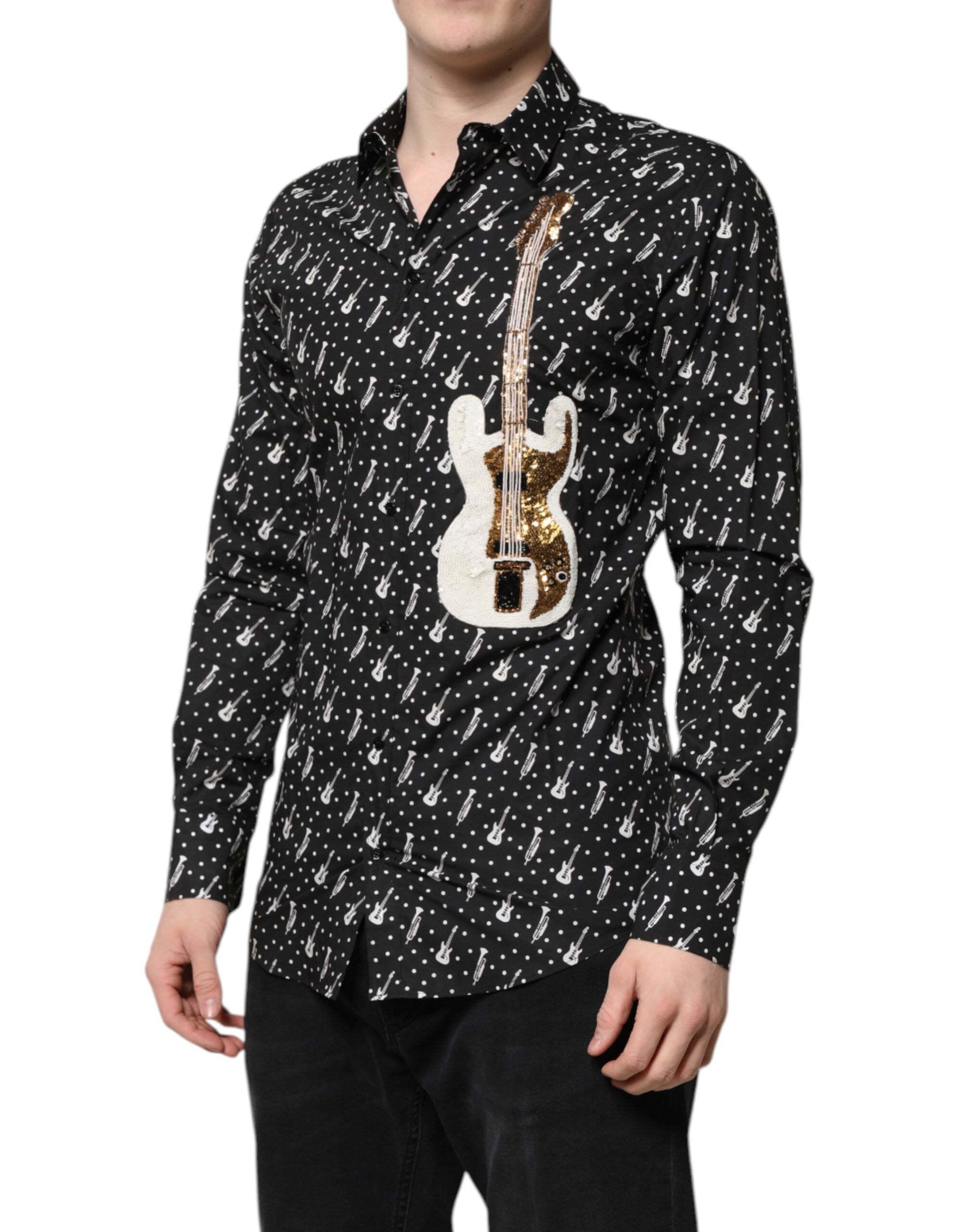 Dolce & Gabbana Schwarzes, mit GOLD verziertes Hemd mit Instrumenten