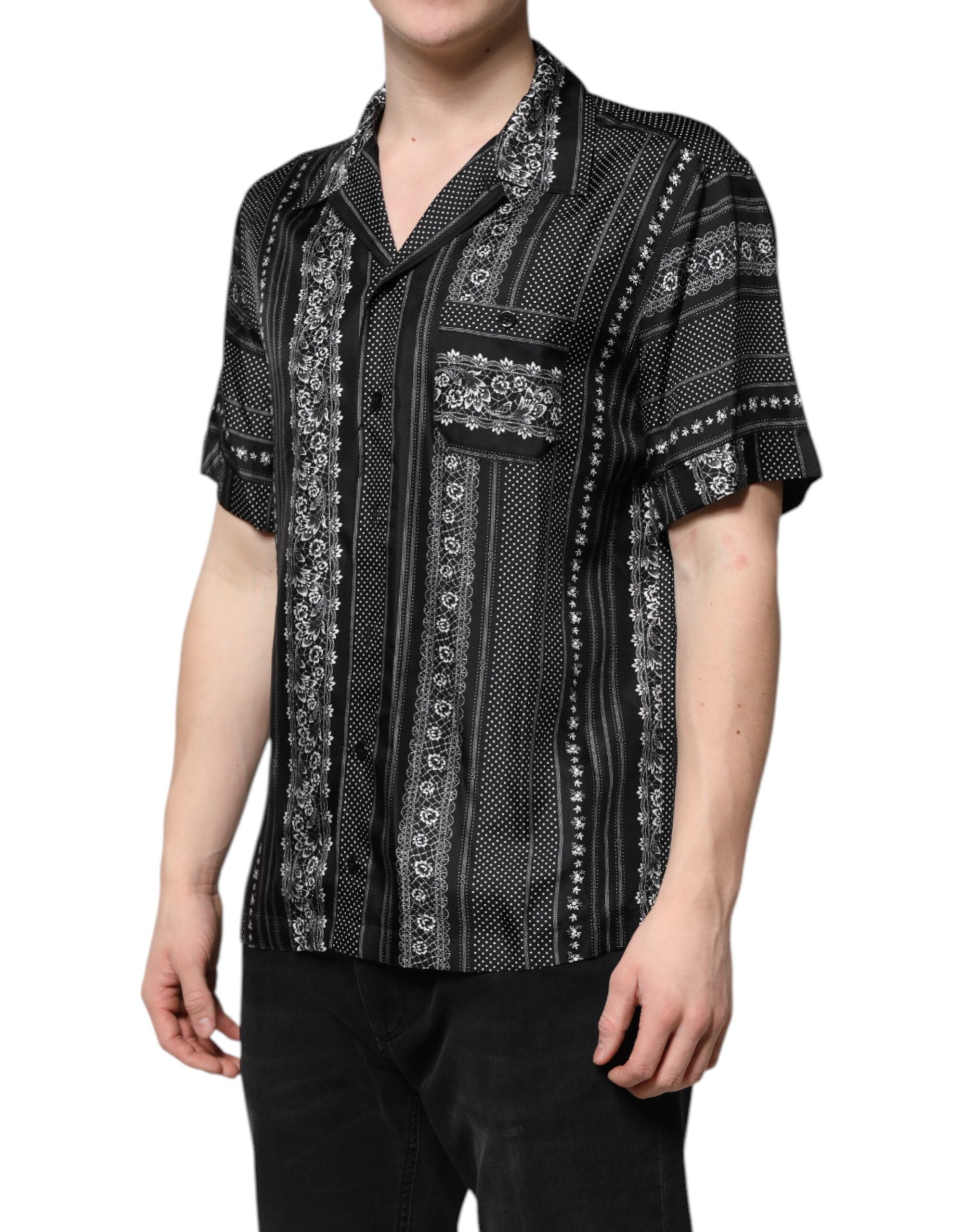 Dolce & Gabbana – Schwarzes, kurzärmliges Seidenhemd mit Blumendruck