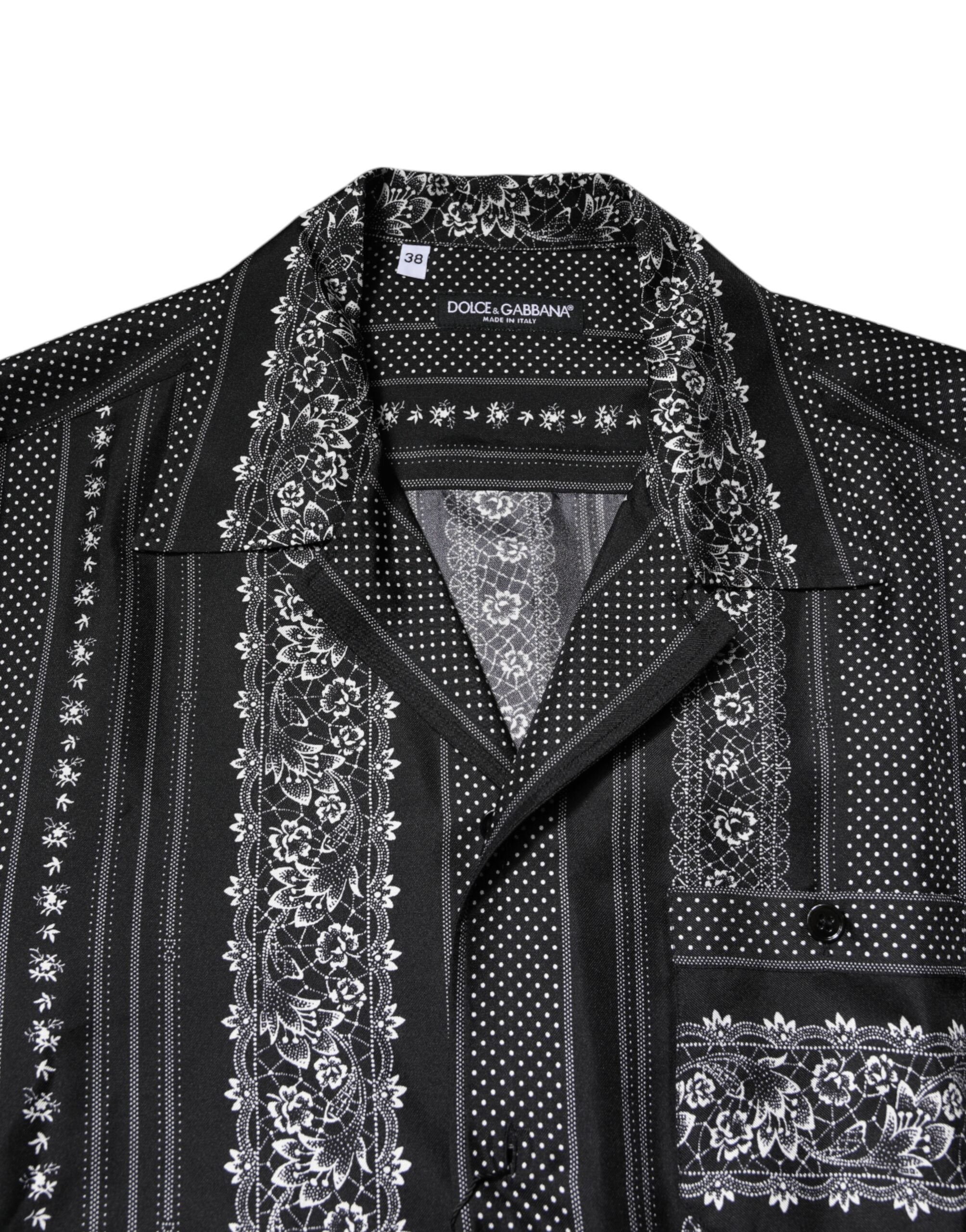 Dolce & Gabbana – Schwarzes, kurzärmliges Seidenhemd mit Blumendruck