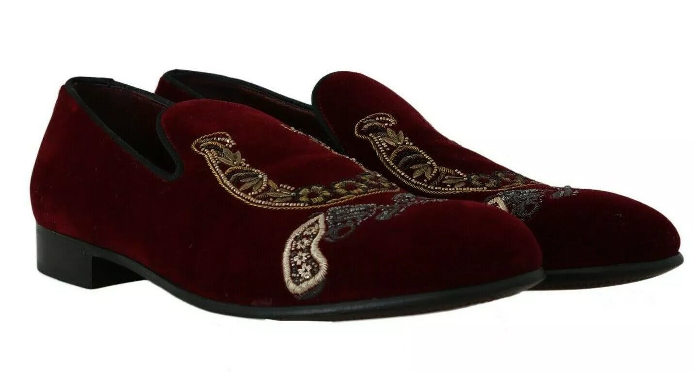 Dolce & Gabbana Bordeauxfarbene Herren-Loafer aus Samt mit Pailletten