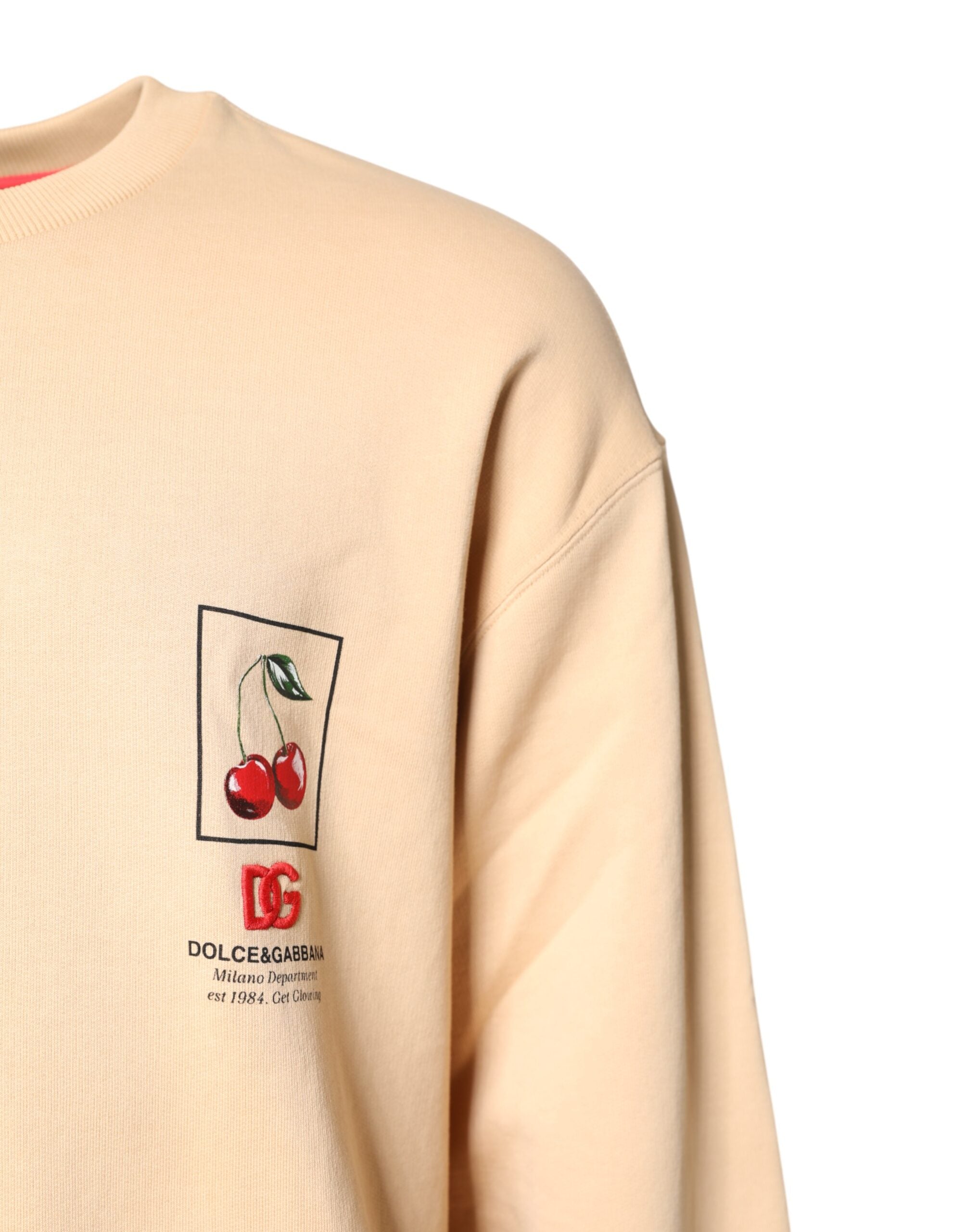 Dolce & Gabbana Beige Pullover mit Rundhalsausschnitt und Kirschprint