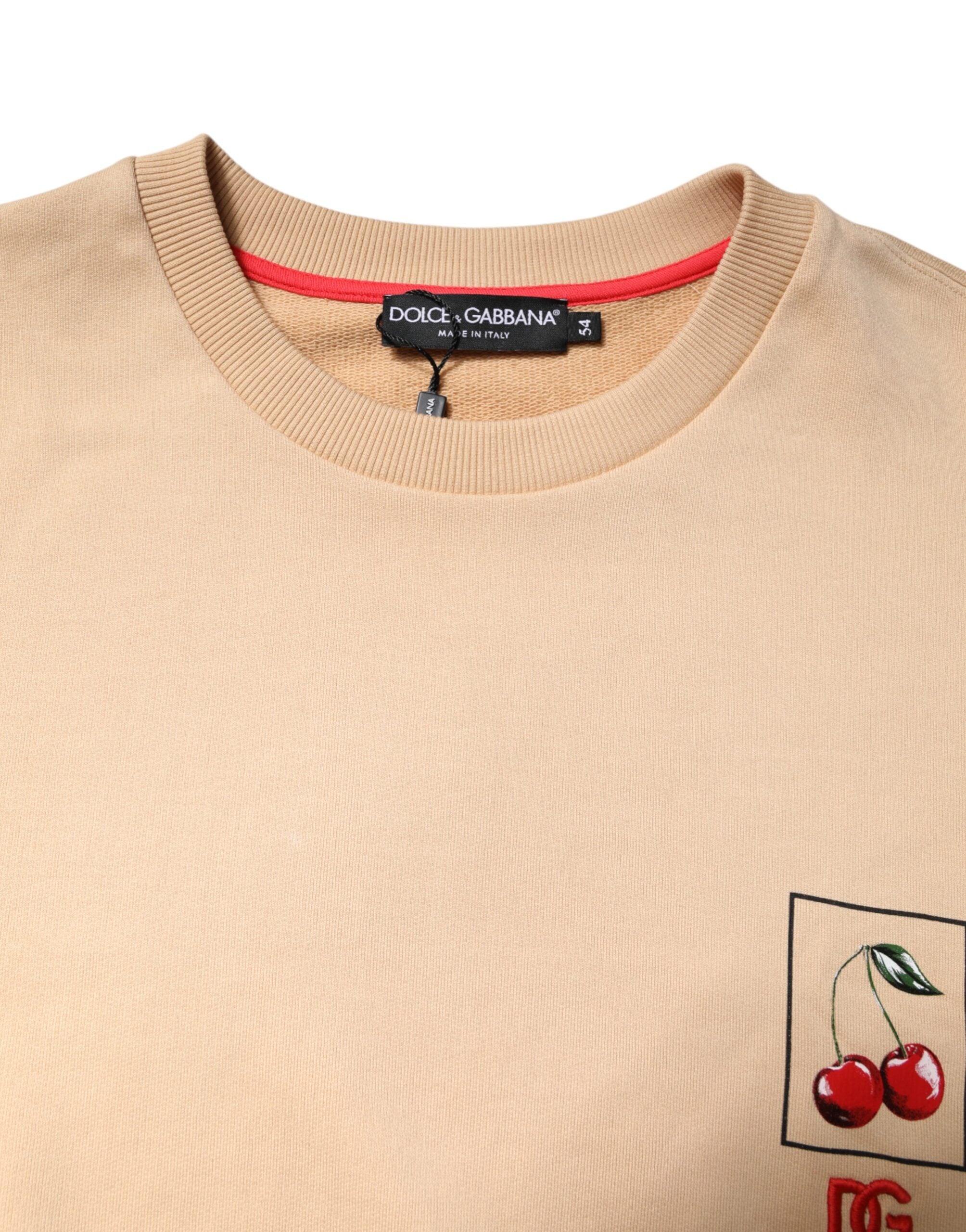 Dolce & Gabbana Beige Pullover mit Rundhalsausschnitt und Kirschprint