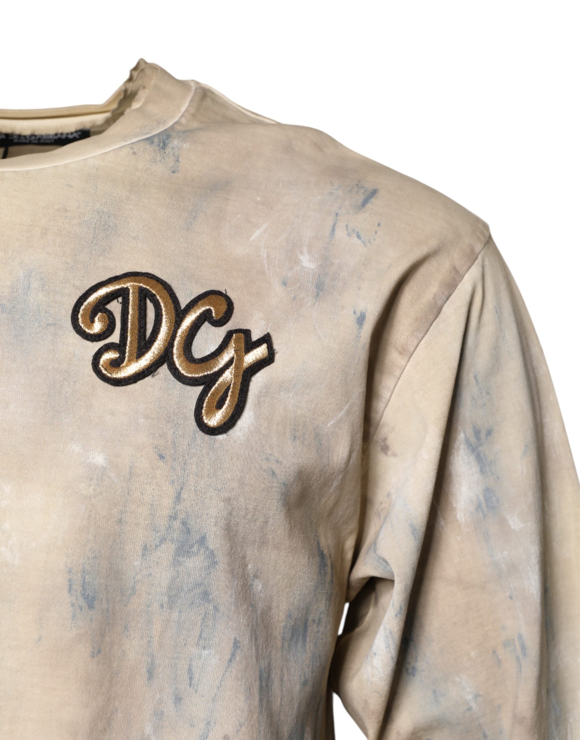 Tricou scurt Dolce & Gabbana bej cu broderie DG și vopsire tie-dye