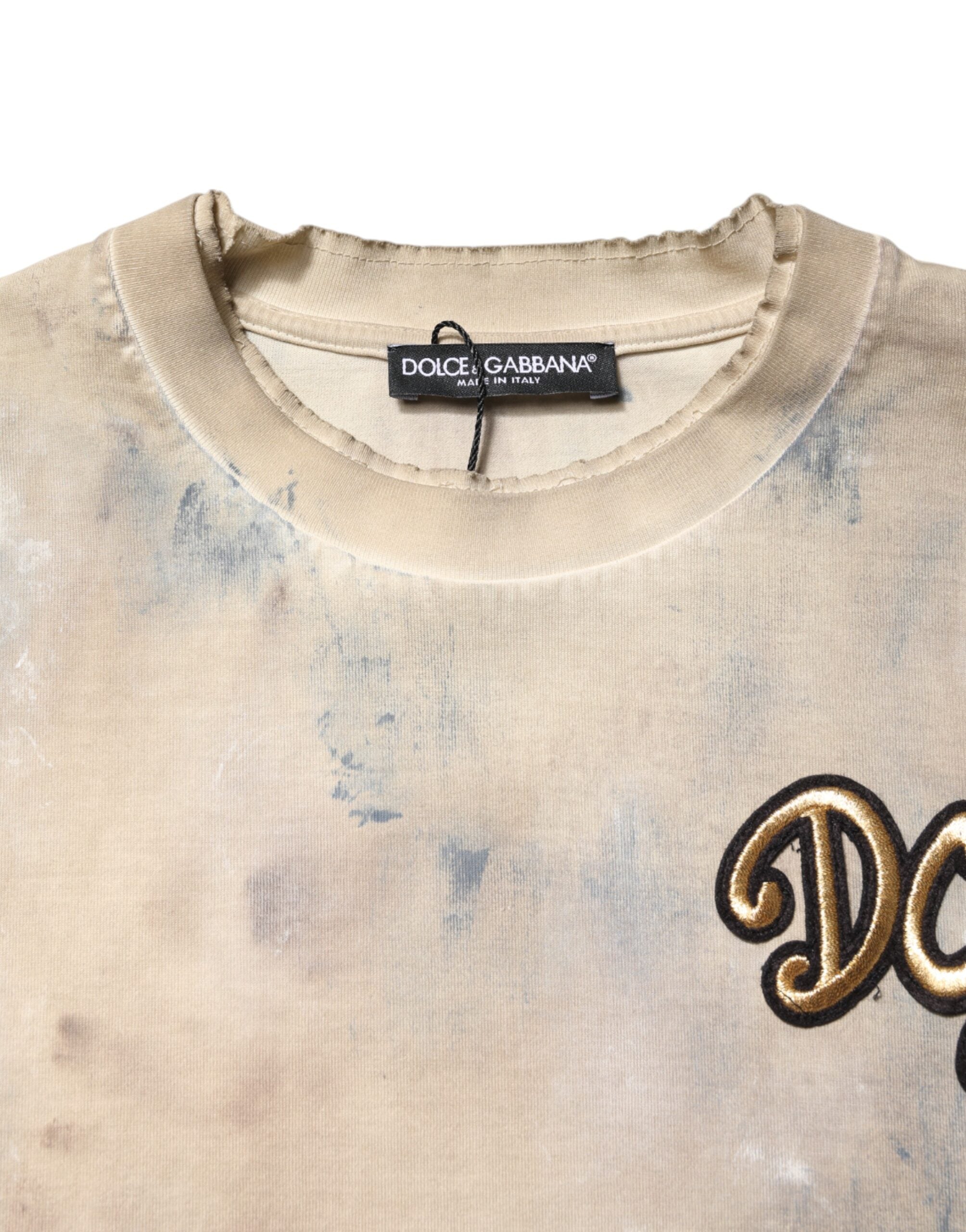 Tricou scurt Dolce & Gabbana bej cu broderie DG și vopsire tie-dye