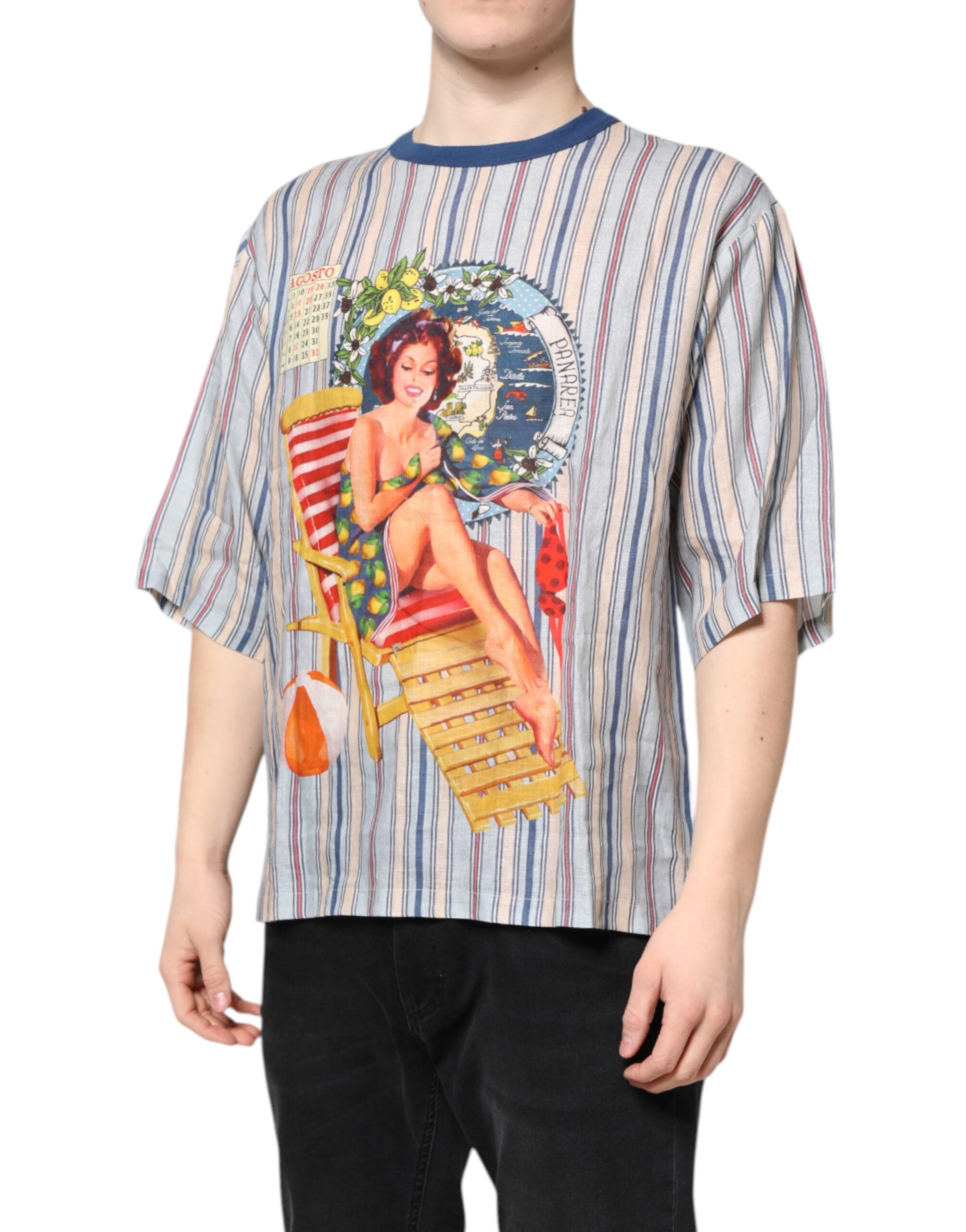 Dolce & Gabbana – Mehrfarbig gestreiftes Pin-Up-T-Shirt aus Leinen mit Rundhalsausschnitt