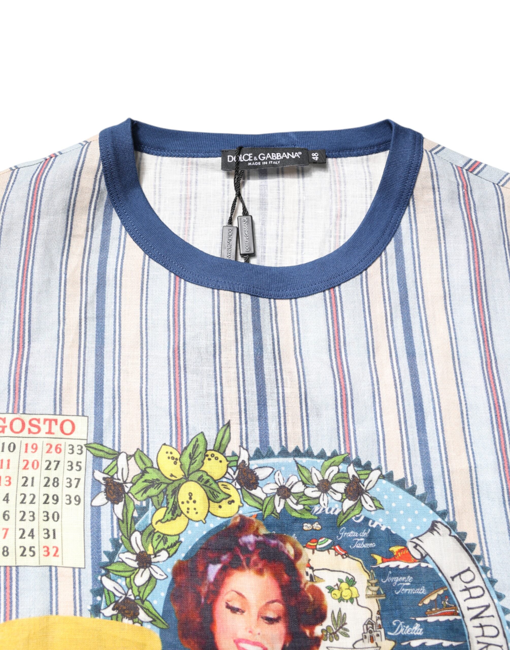 Dolce & Gabbana – Mehrfarbig gestreiftes Pin-Up-T-Shirt aus Leinen mit Rundhalsausschnitt