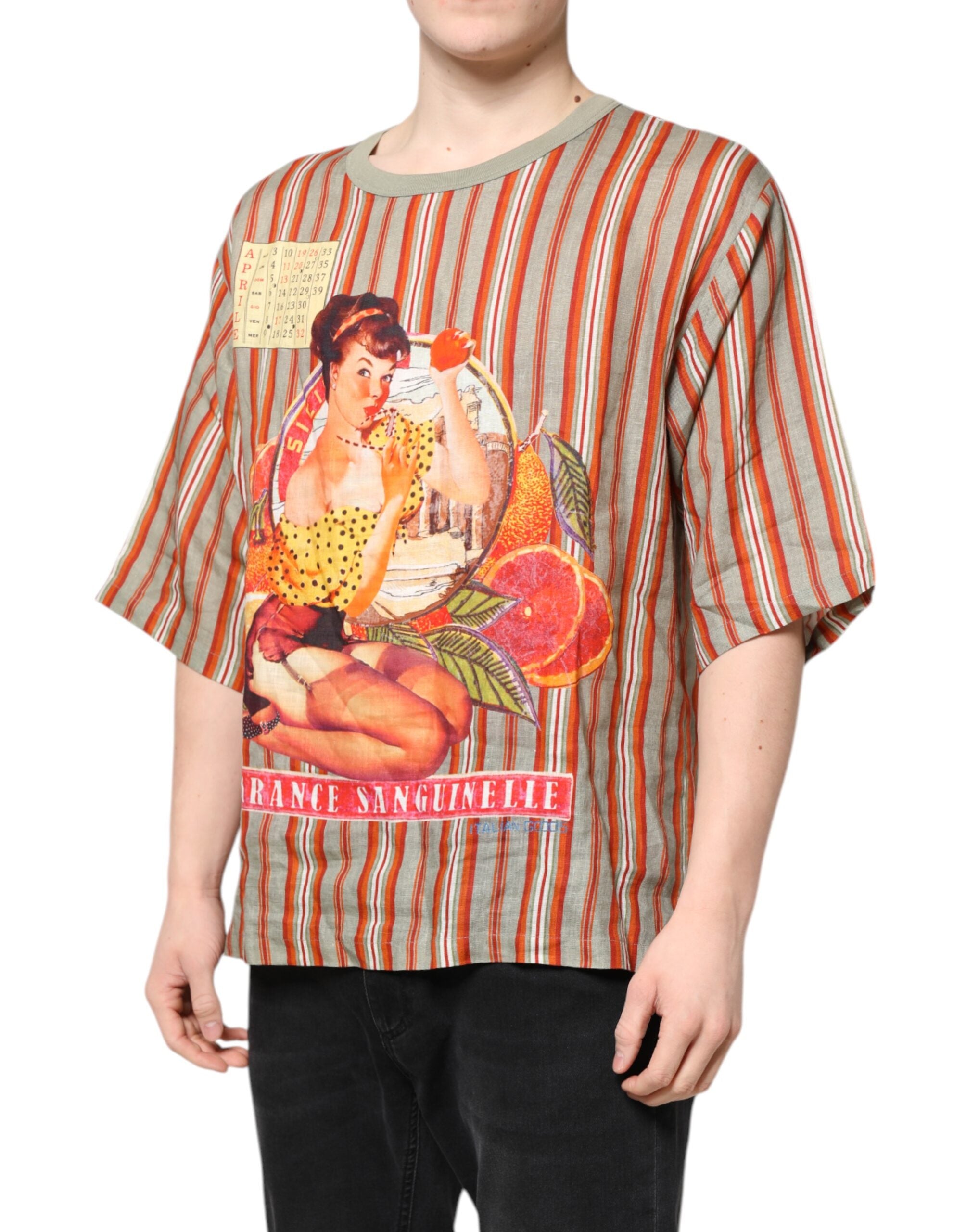 Dolce & Gabbana – Mehrfarbig gestreiftes grafisches Leinen-T-Shirt mit Rundhalsausschnitt