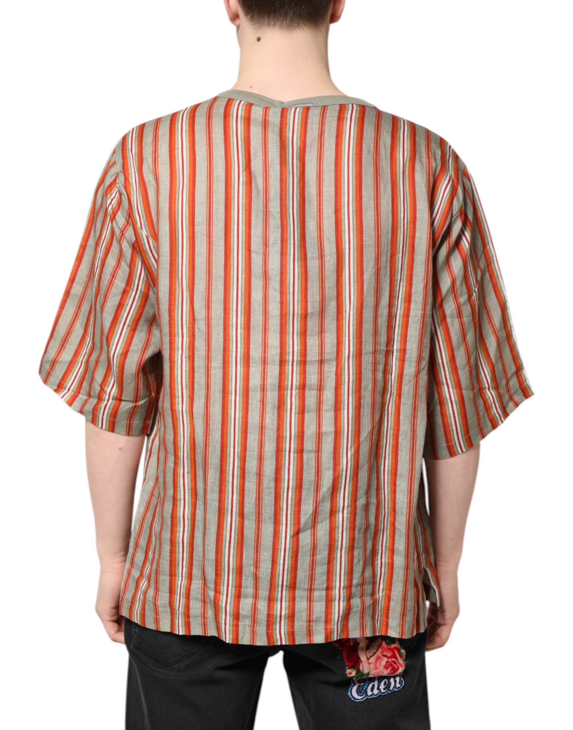 Dolce & Gabbana – Mehrfarbig gestreiftes grafisches Leinen-T-Shirt mit Rundhalsausschnitt