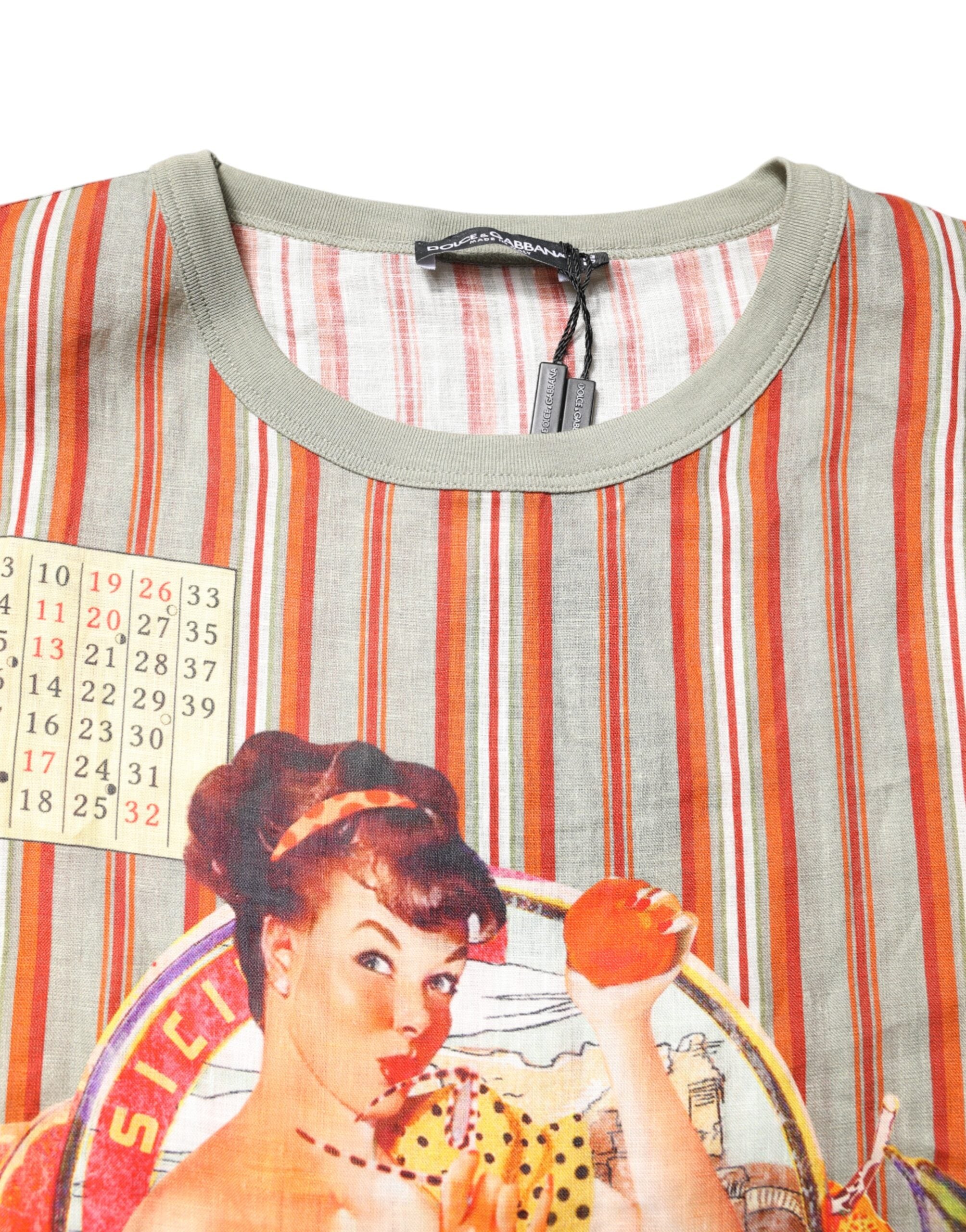 Dolce & Gabbana – Mehrfarbig gestreiftes grafisches Leinen-T-Shirt mit Rundhalsausschnitt