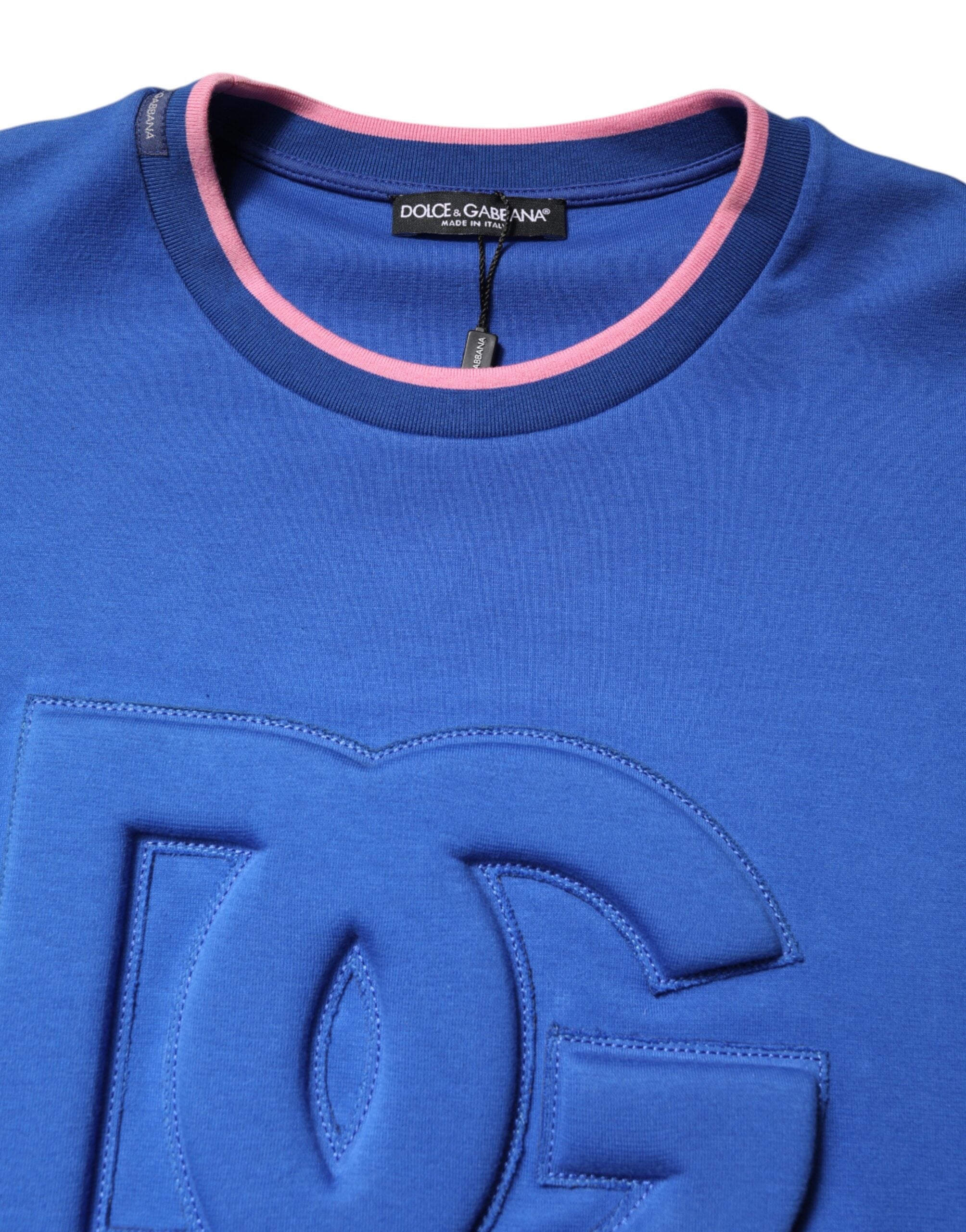 Dolce & Gabbana – Blaues Baumwoll-T-Shirt mit Rundhalsausschnitt und DG-Prägung