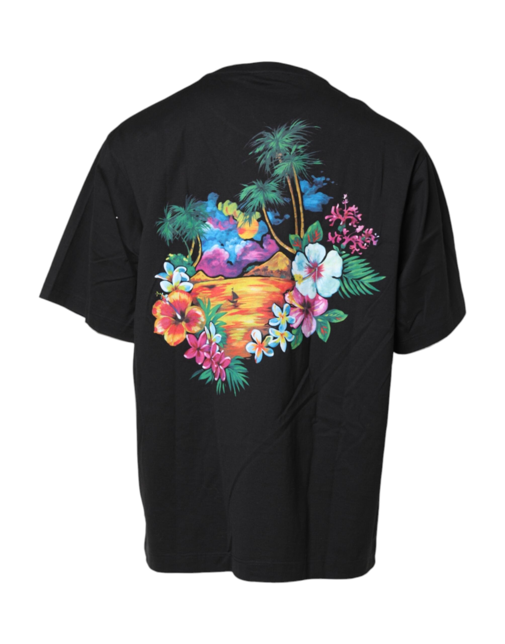 Dolce & Gabbana – Schwarzes T-Shirt mit Rundhalsausschnitt und Blumenmuster aus Baumwolle mit DG-Print