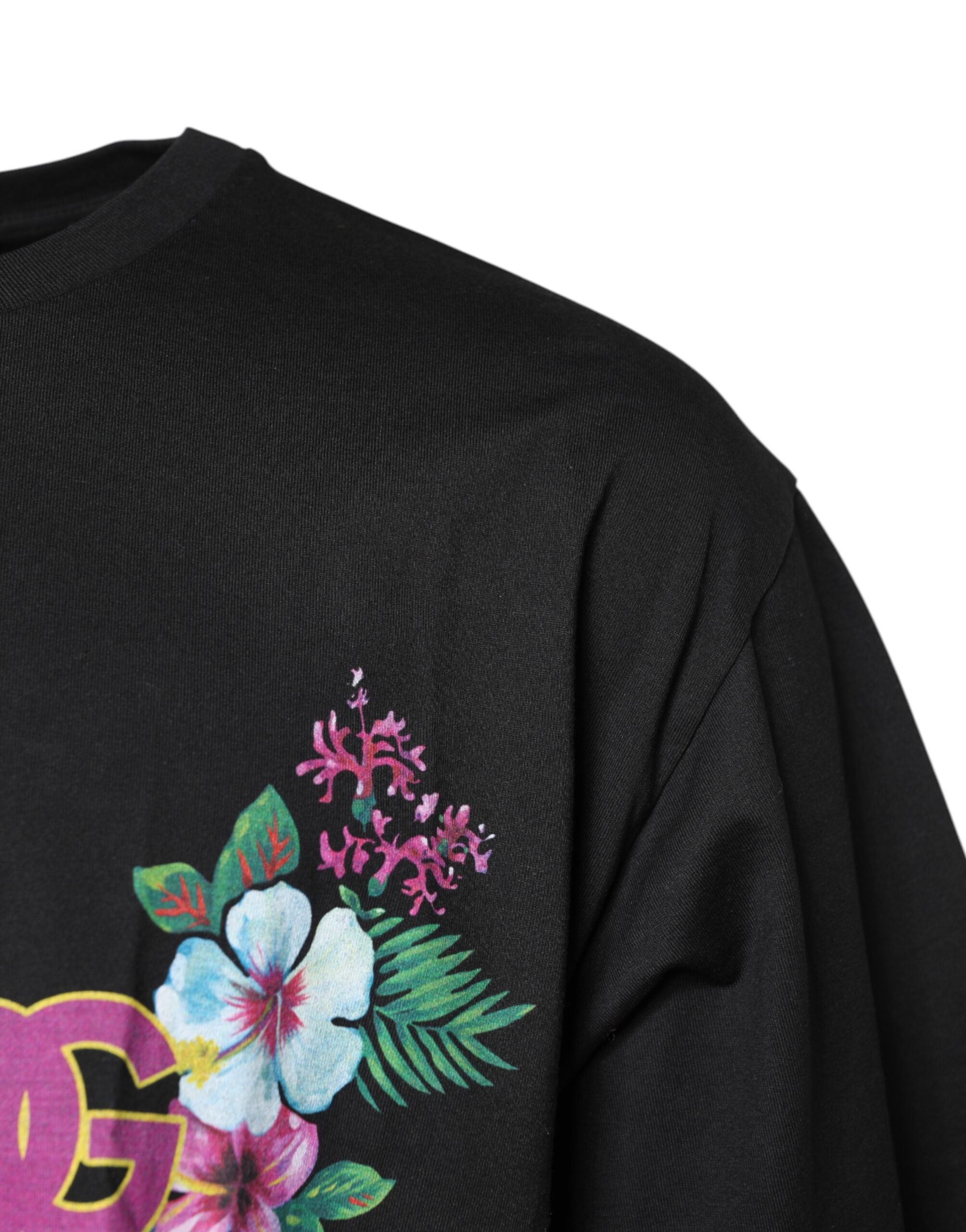 Dolce & Gabbana – Schwarzes T-Shirt mit Rundhalsausschnitt und Blumenmuster „DG“