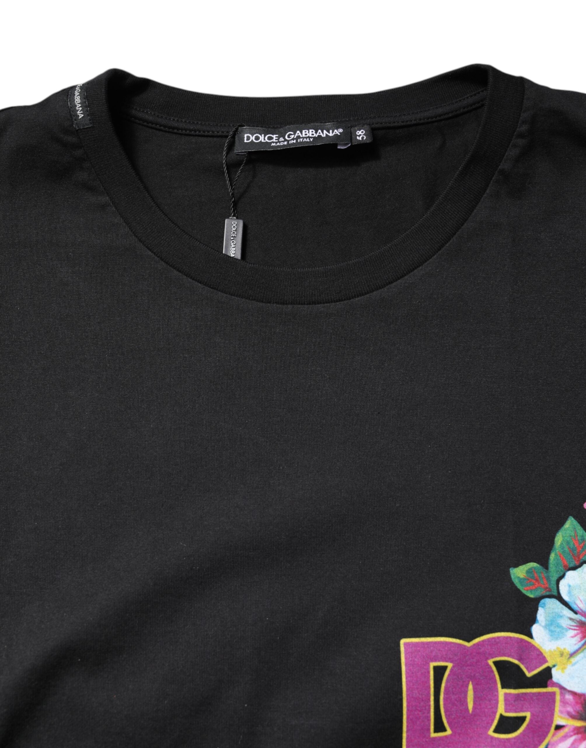 Dolce & Gabbana – Schwarzes T-Shirt mit Rundhalsausschnitt und Blumenmuster „DG“