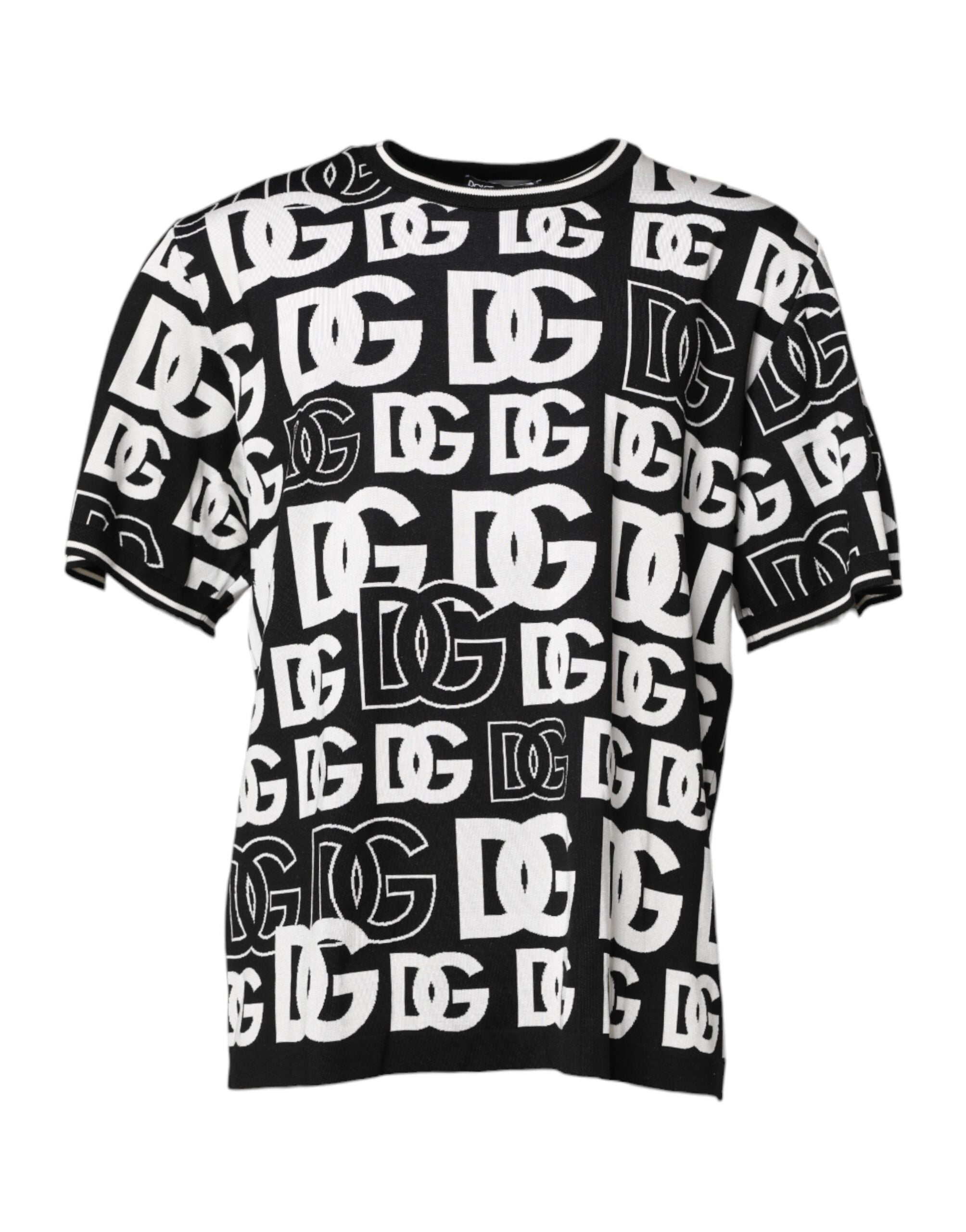 Dolce & Gabbana – T-Shirt aus Seidenstrick mit DG-Print in Schwarz und Weiß
