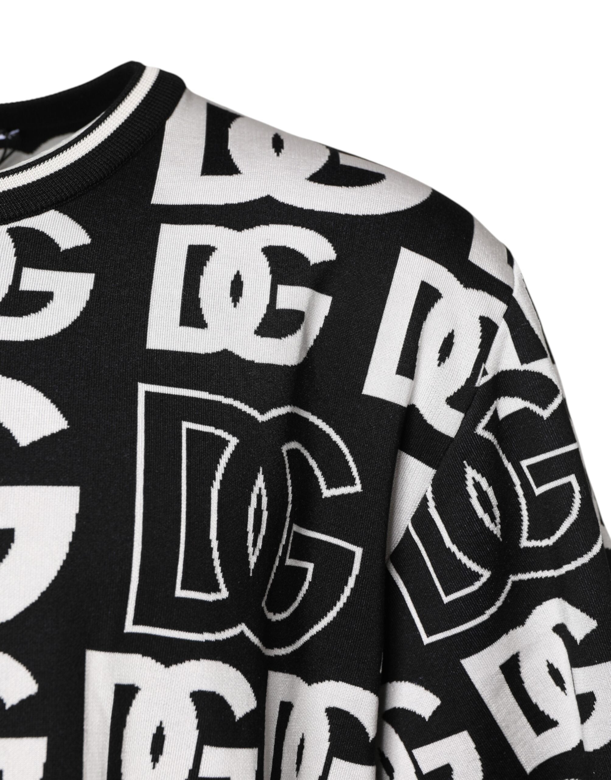 Dolce & Gabbana – T-Shirt aus Seidenstrick mit DG-Print in Schwarz und Weiß