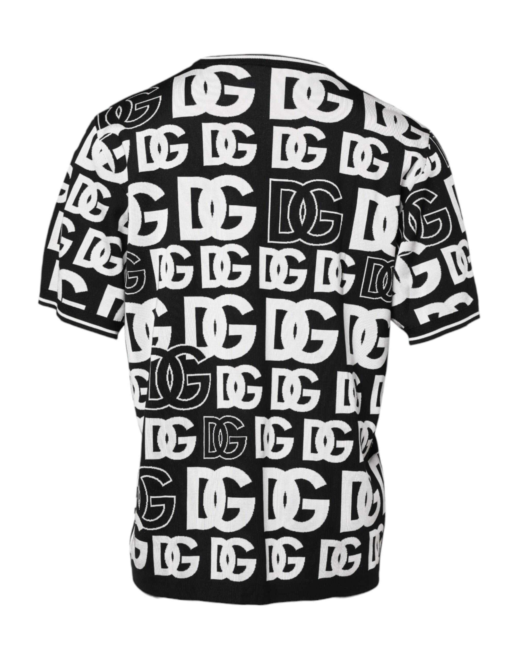 Dolce & Gabbana – T-Shirt aus Seidenstrick mit DG-Print in Schwarz und Weiß