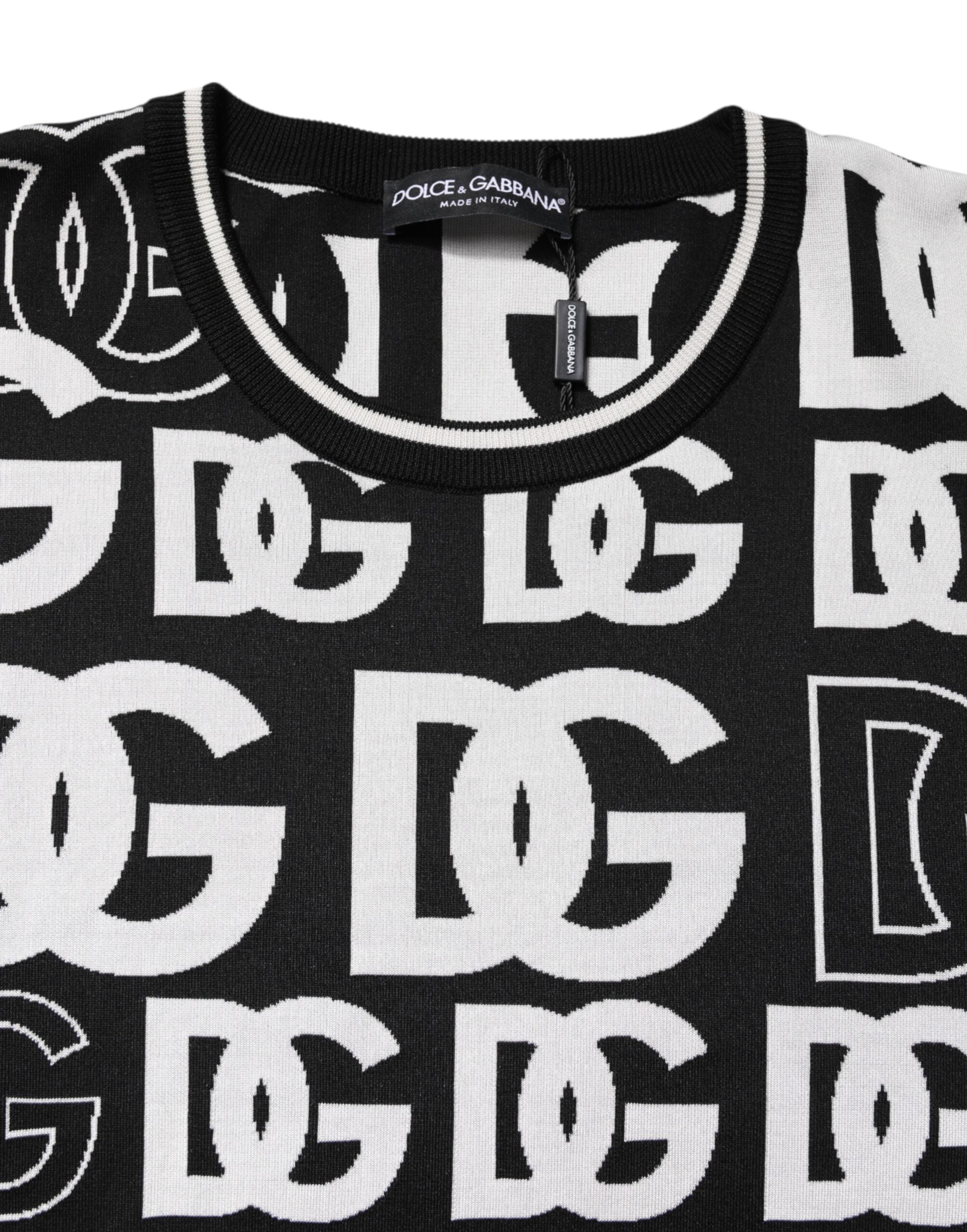 Dolce & Gabbana – T-Shirt aus Seidenstrick mit DG-Print in Schwarz und Weiß