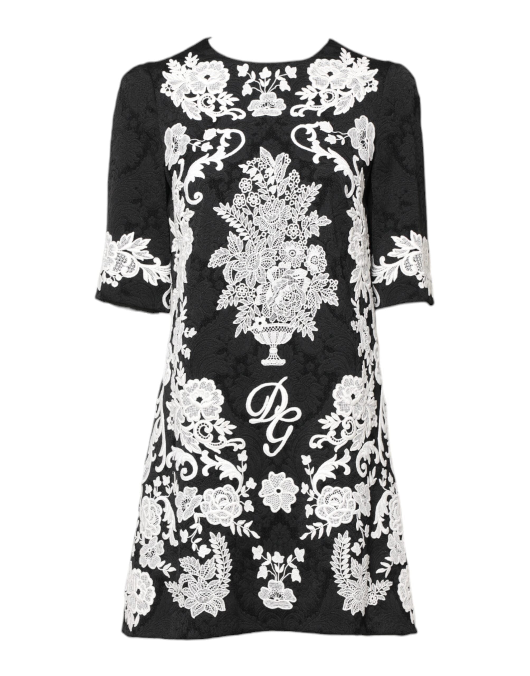 Rochie mini Dolce & Gabbana neagră cu mâneci scurte și dantelă florală