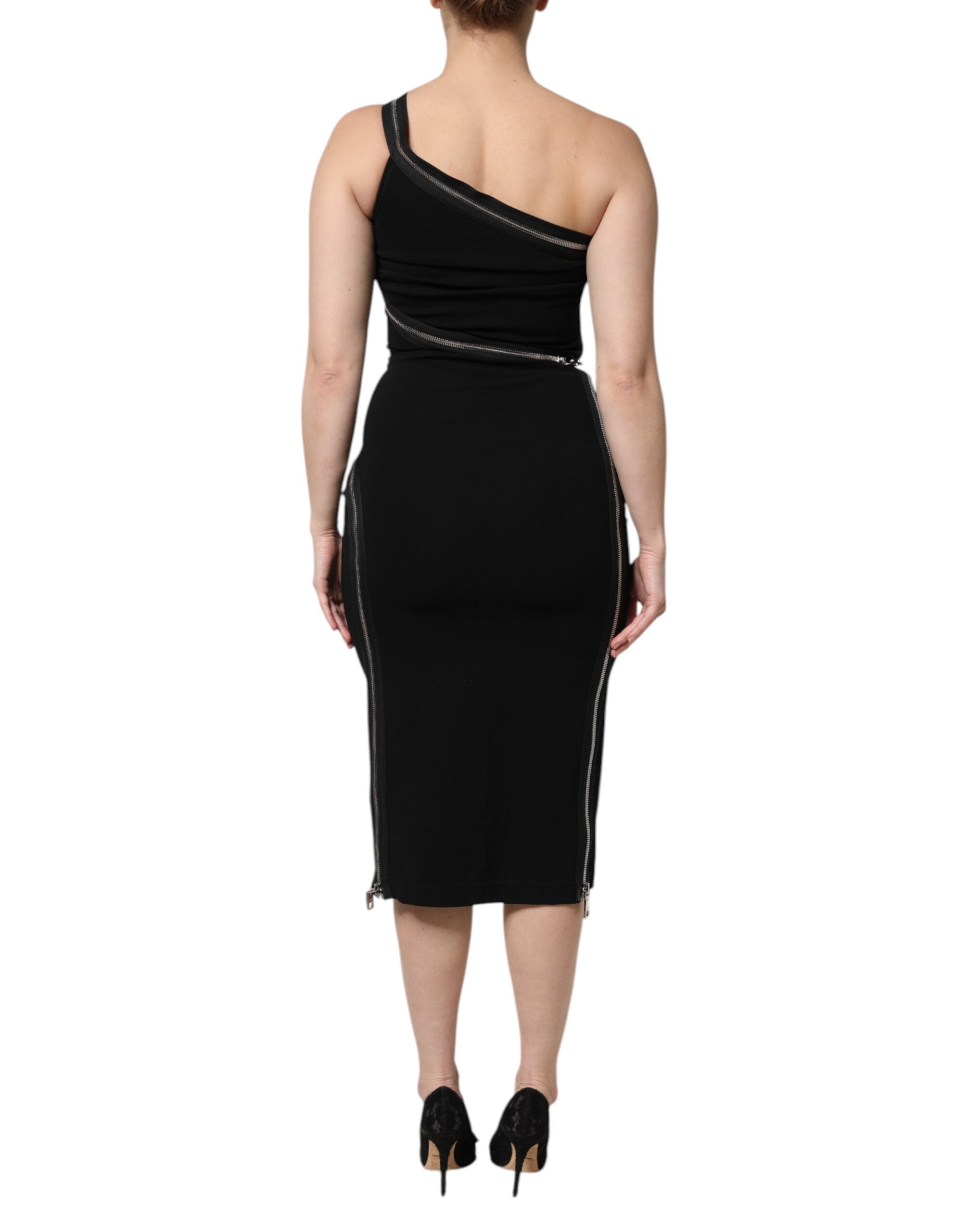 Dolce & Gabbana – Schwarzes Etuikleid aus Viskose mit One-Shoulder-Reißverschluss