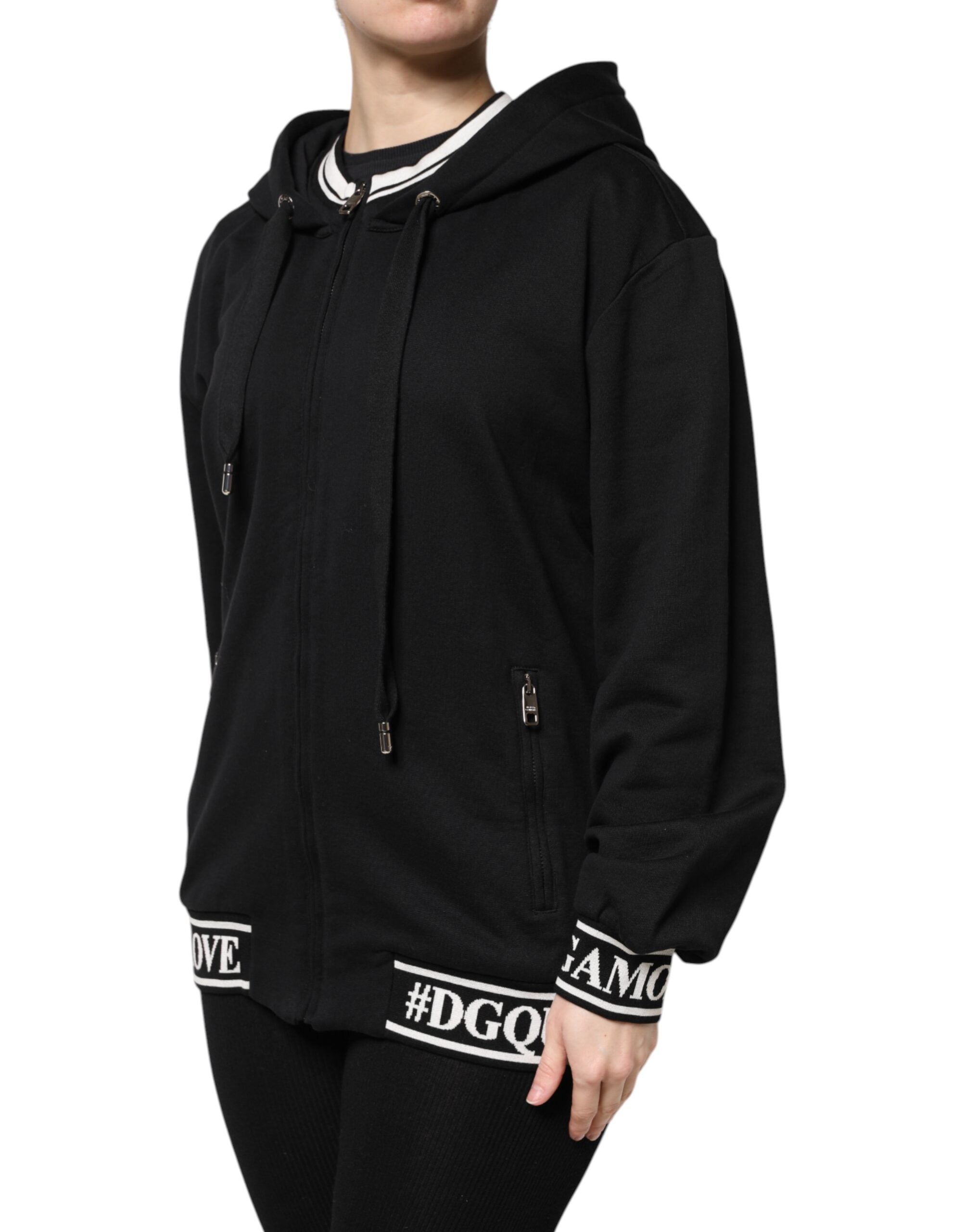 Dolce & Gabbana – Schwarzes Sweatshirt aus Baumwolle mit durchgehendem Reißverschluss und Kapuze