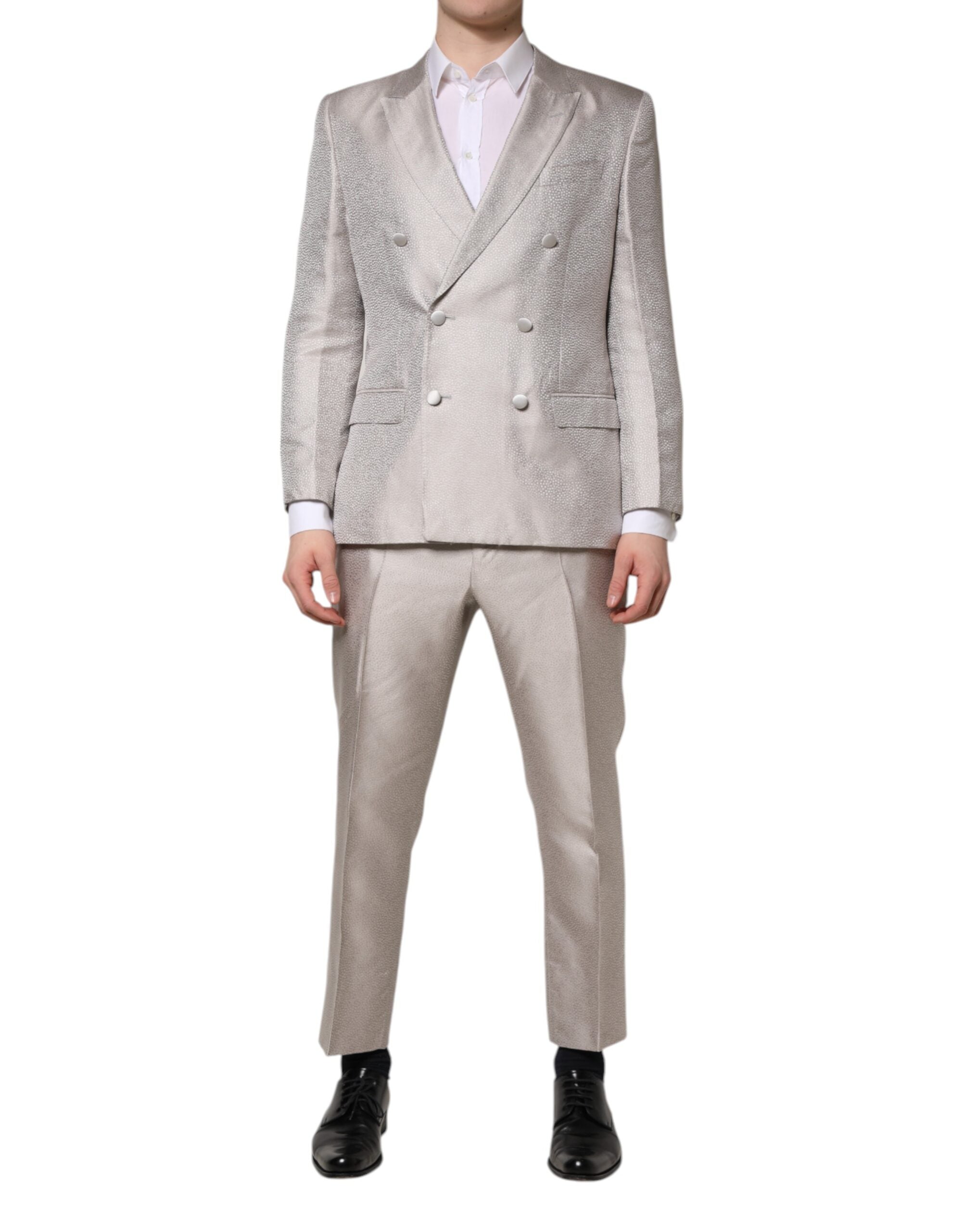 Costum Dolce & Gabbana gri deschis din mătase jacquard cu buline, din două piese