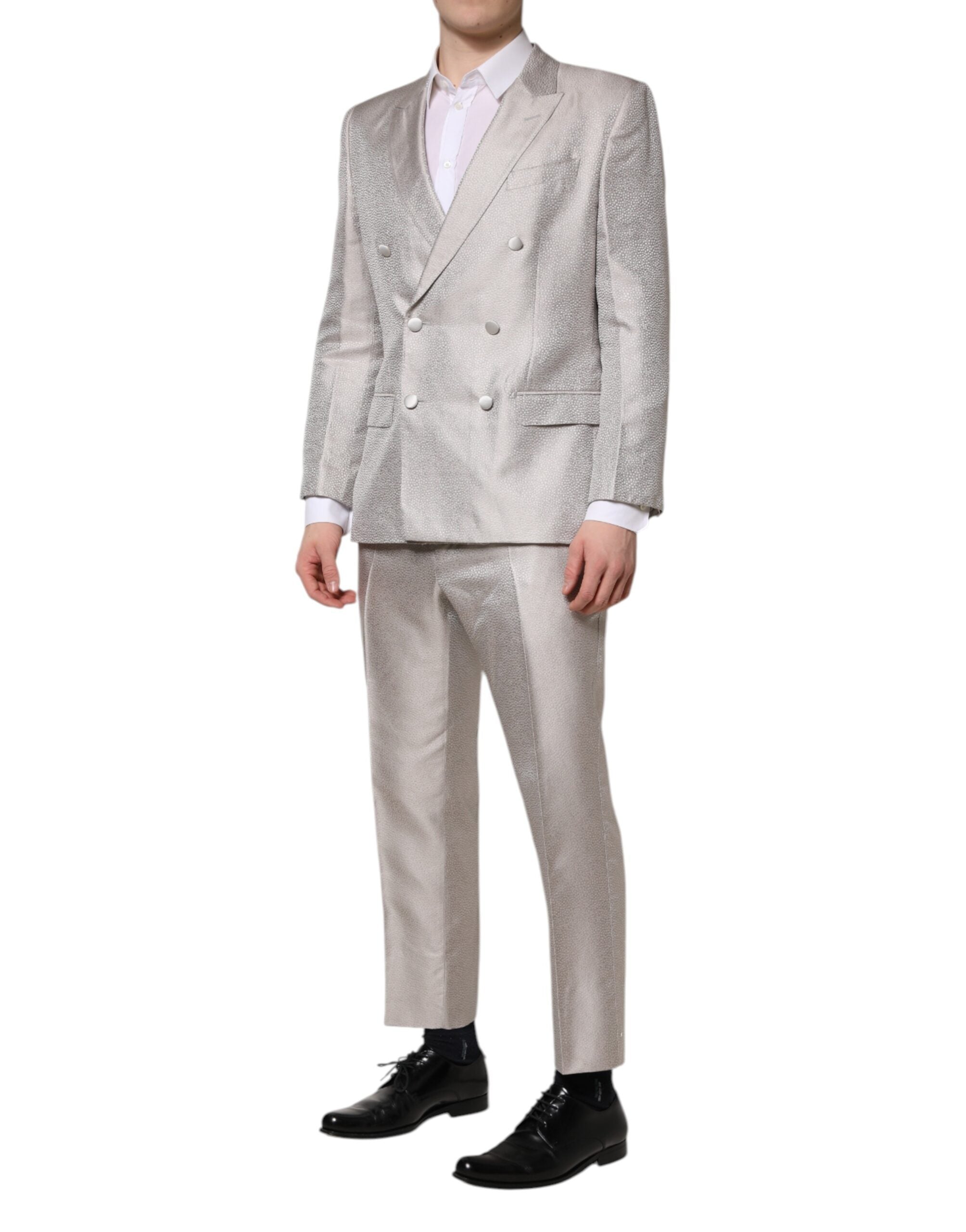 Costum Dolce & Gabbana gri deschis din mătase jacquard cu buline, din două piese