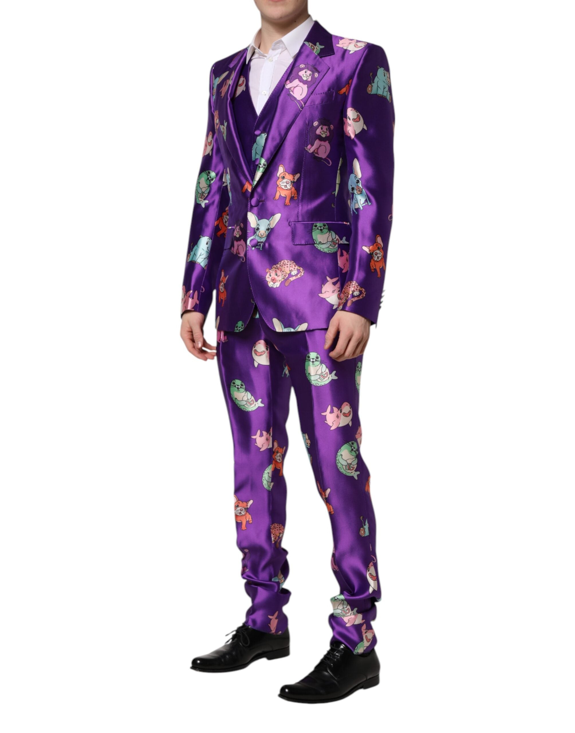 Dolce & Gabbana – Lilafarbener 3-teiliger Seidenanzug mit Animalprint