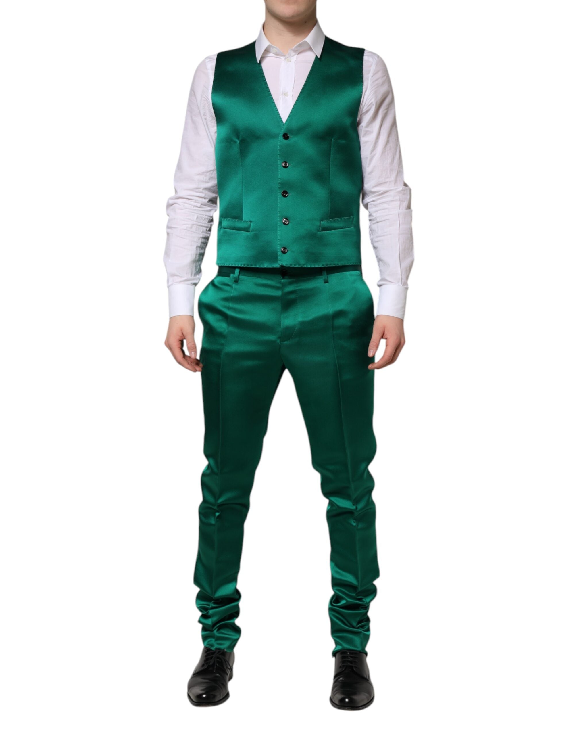 Costum Dolce & Gabbana verde din mătase, 3 piese, cu un singur rând de nasturi