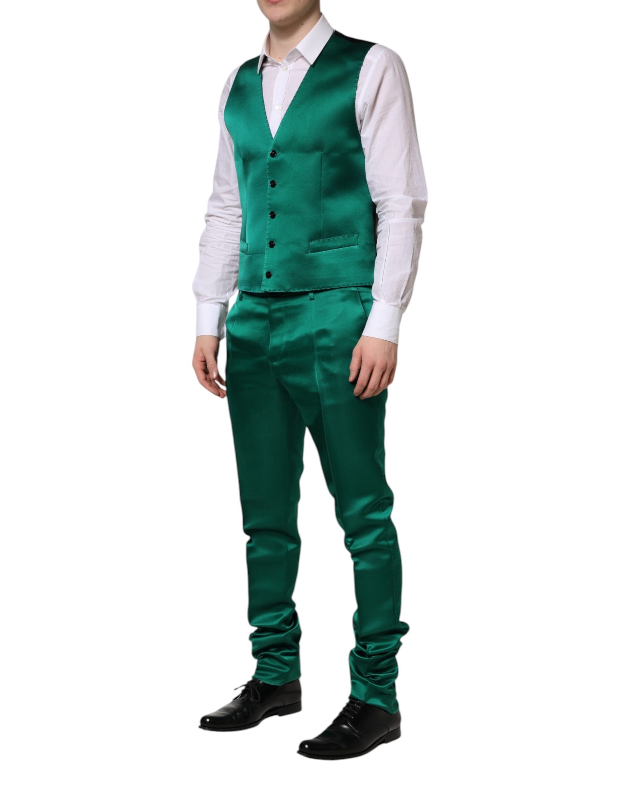 Costum Dolce & Gabbana verde din mătase, 3 piese, cu un singur rând de nasturi