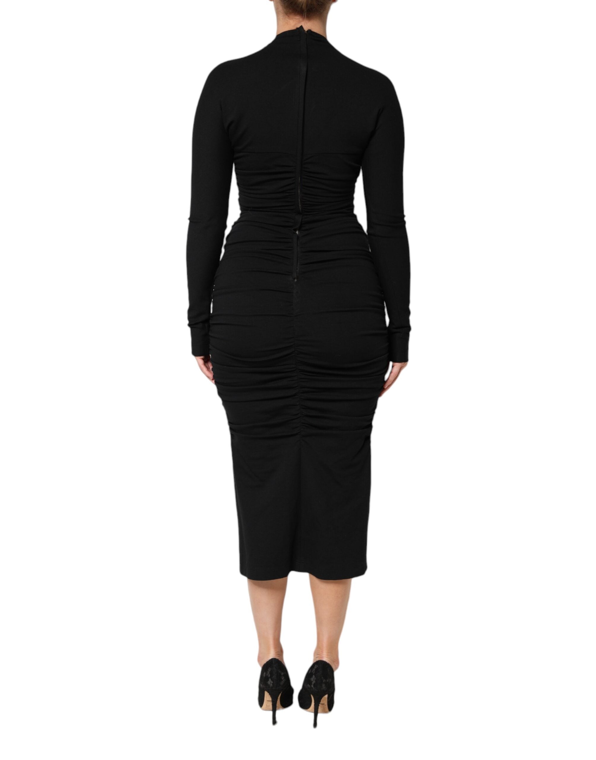 Rochie midi Dolce & Gabbana neagră cu mâneci lungi, model teacă