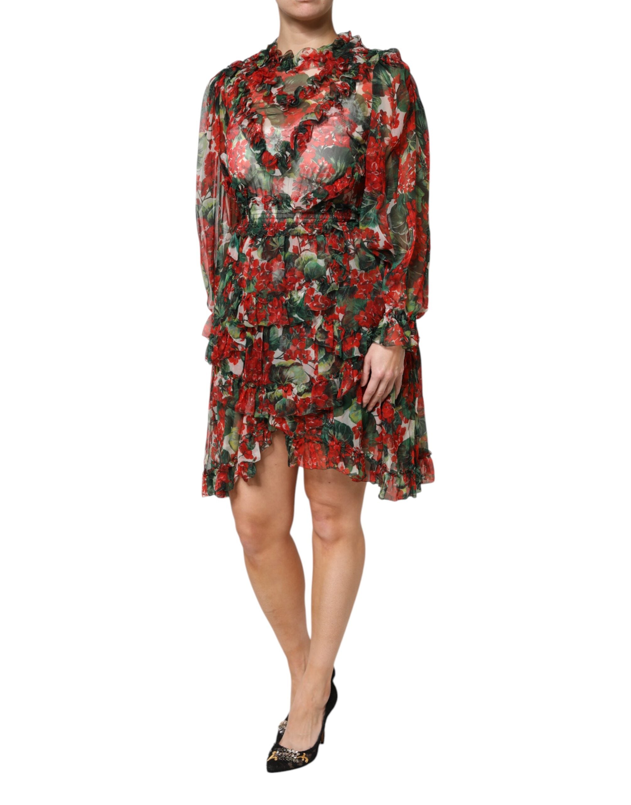 Dolce & Gabbana – Mehrfarbiges Kleid mit Rüschen und Blumenmuster und langen Ärmeln