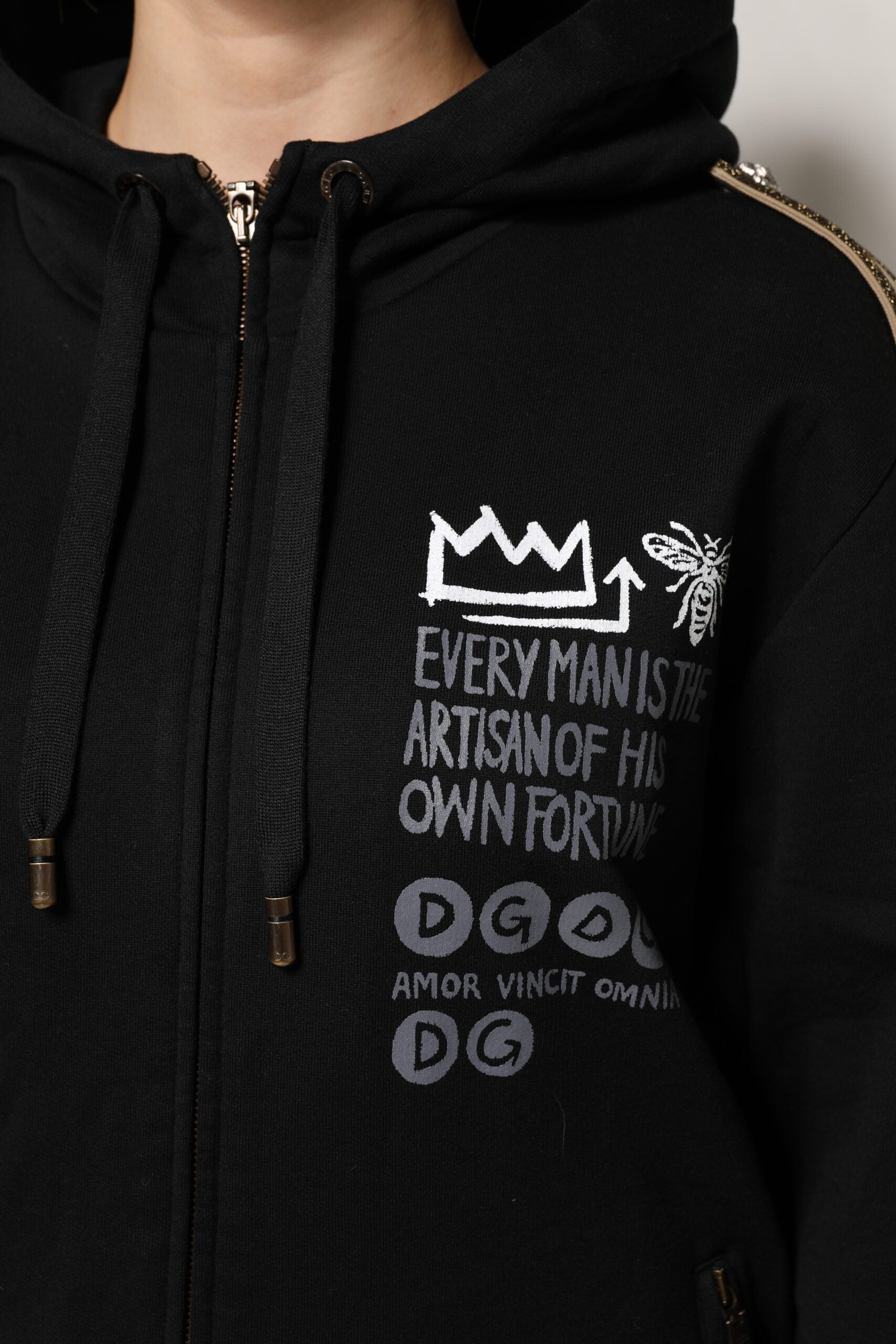 Dolce & Gabbana – Schwarze Sweatshirtjacke mit Kapuze und durchgehendem Reißverschluss und Logo