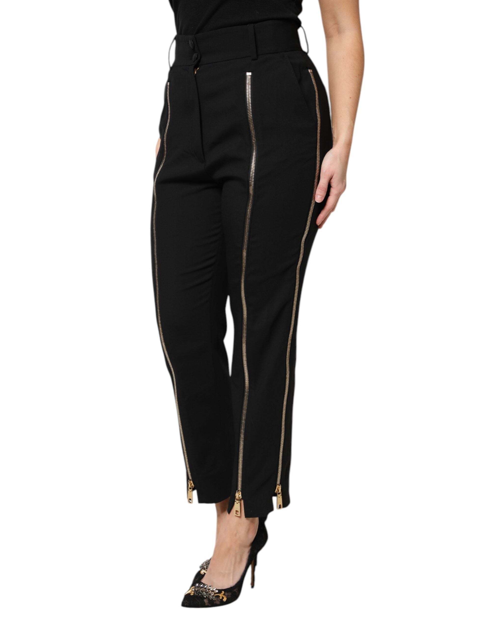 Dolce & Gabbana – Karottenhose aus schwarzer Wolle mit hoher Taille und Reißverschluss