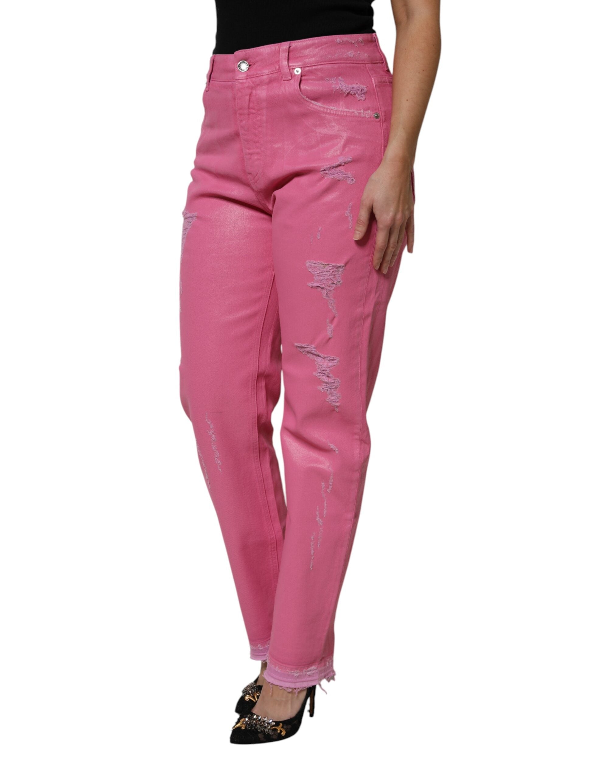 Dolce & Gabbana – Zerfetzte, konisch zulaufende Jeans aus Denim mit mittlerer Taille in Rosa
