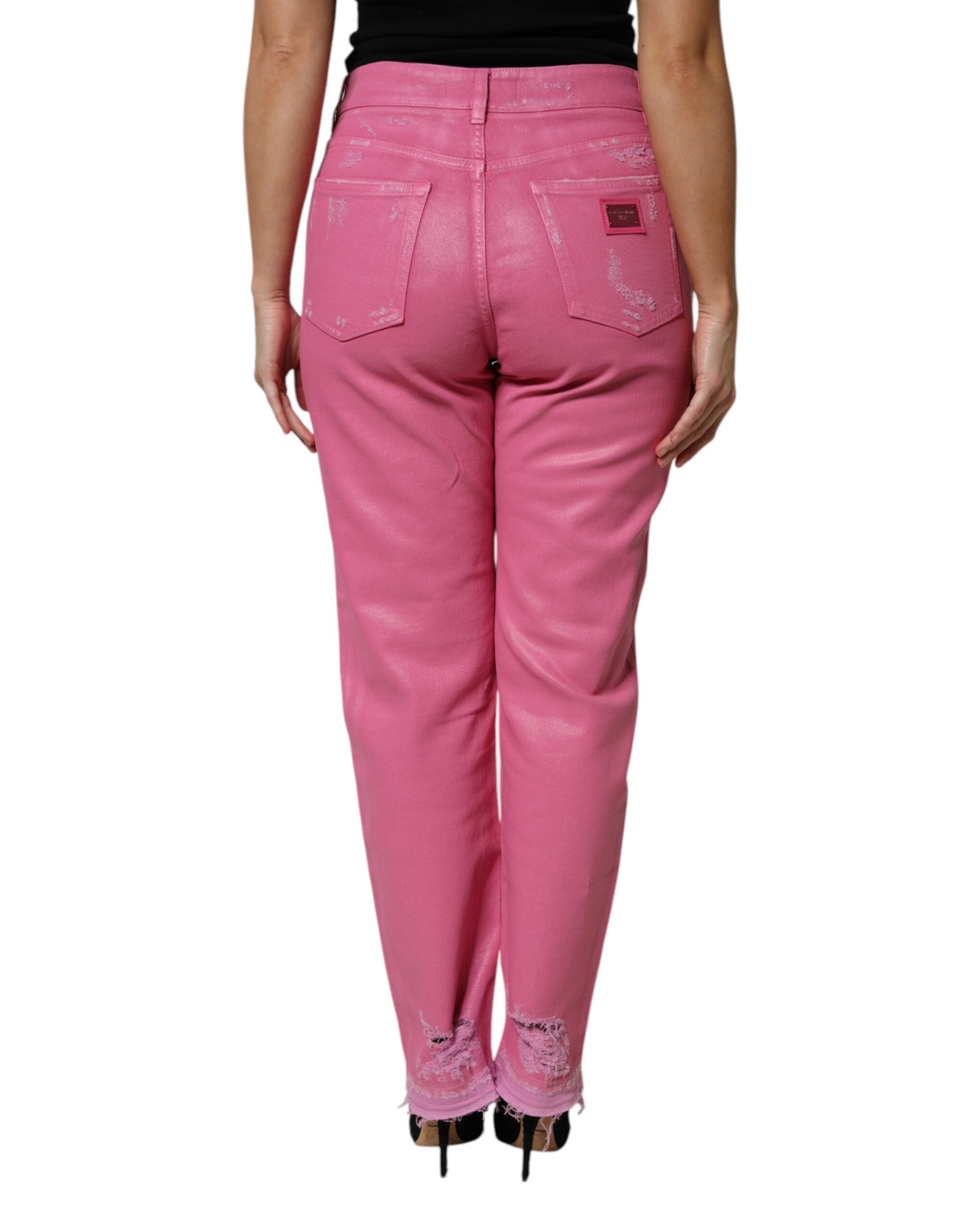 Dolce & Gabbana – Zerfetzte, konisch zulaufende Jeans aus Denim mit mittlerer Taille in Rosa