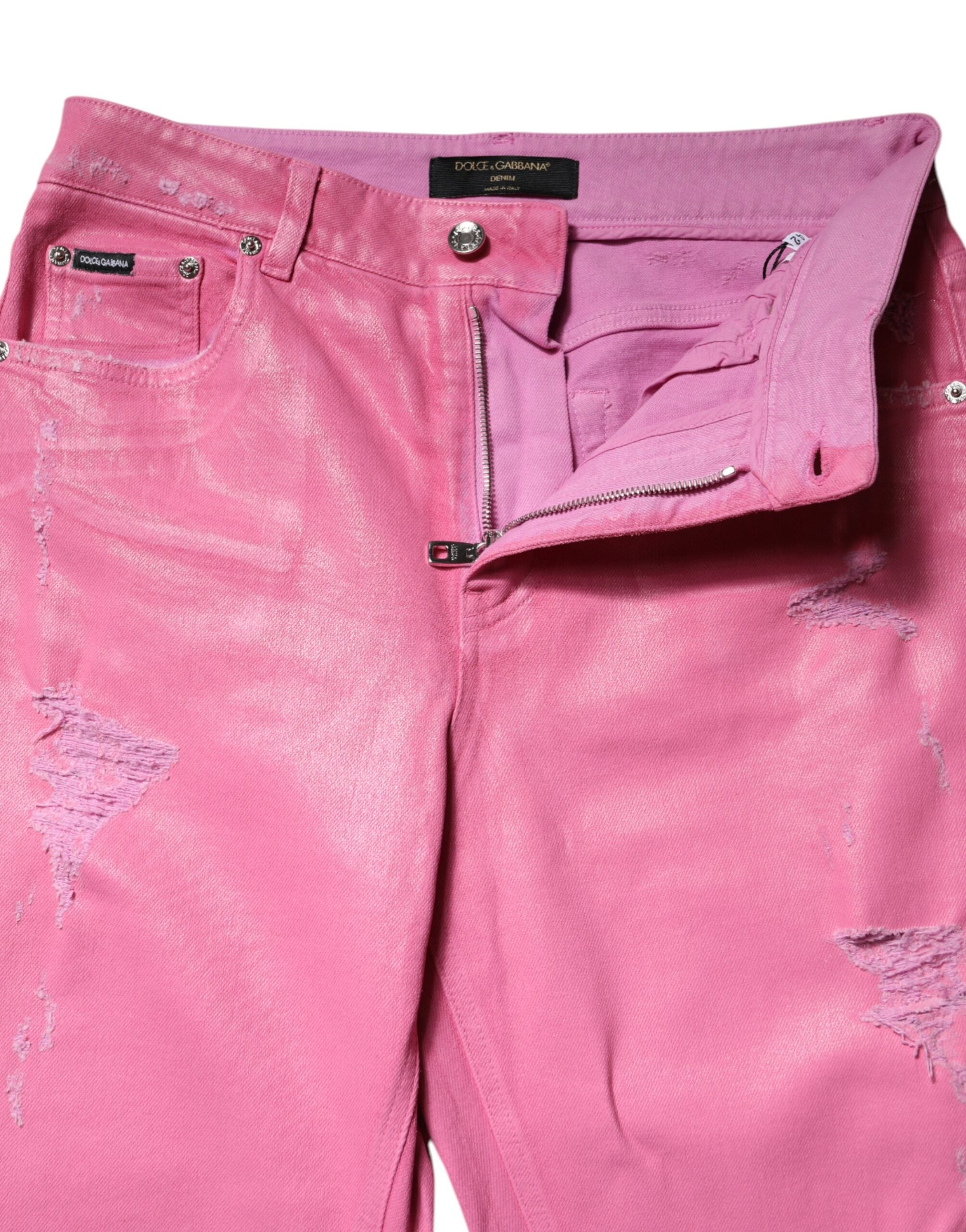 Dolce & Gabbana – Zerfetzte, konisch zulaufende Jeans aus Denim mit mittlerer Taille in Rosa