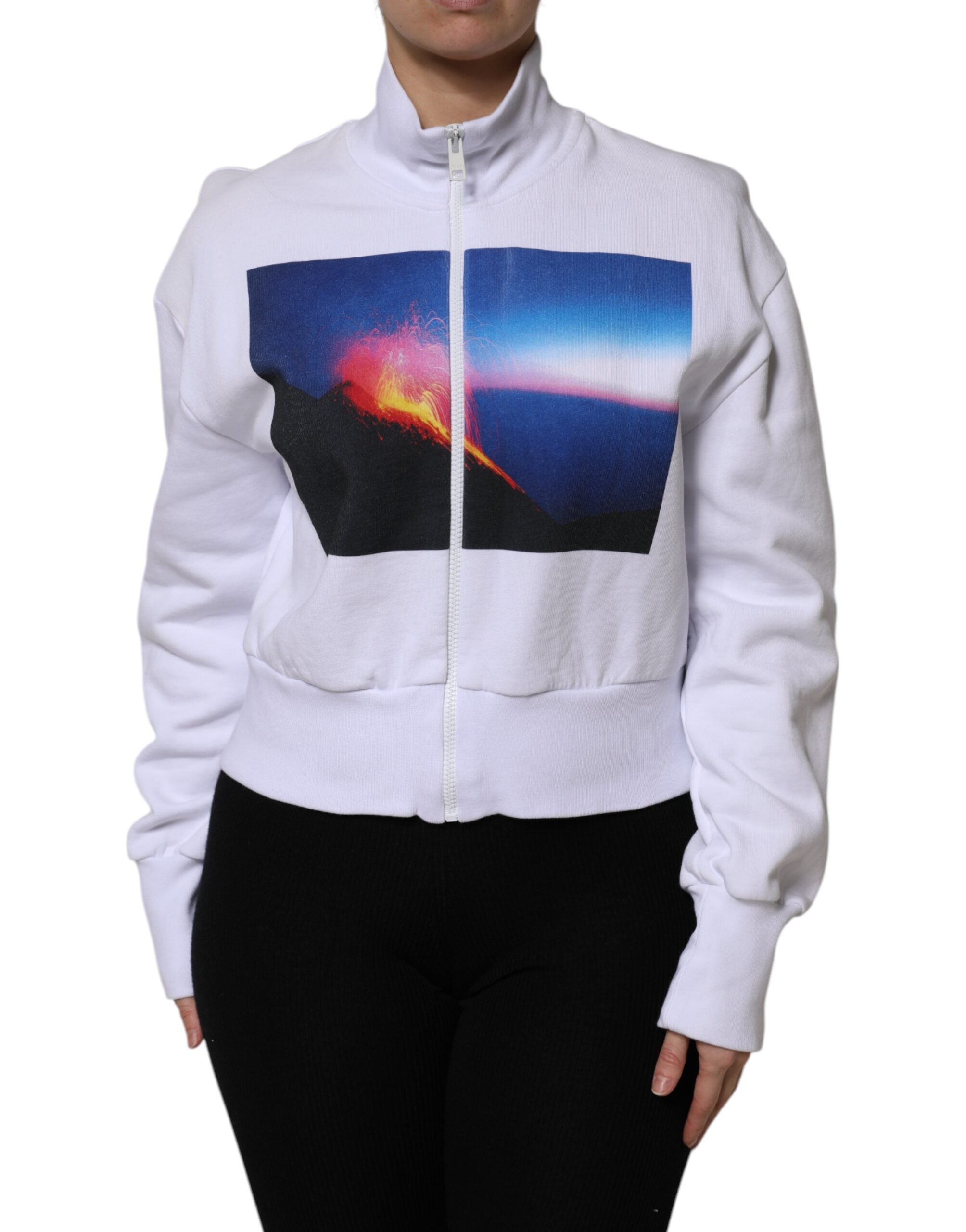 Jachetă bomber MSGM albă cu imprimeu grafic din bumbac și mâneci lungi cu fermoar complet