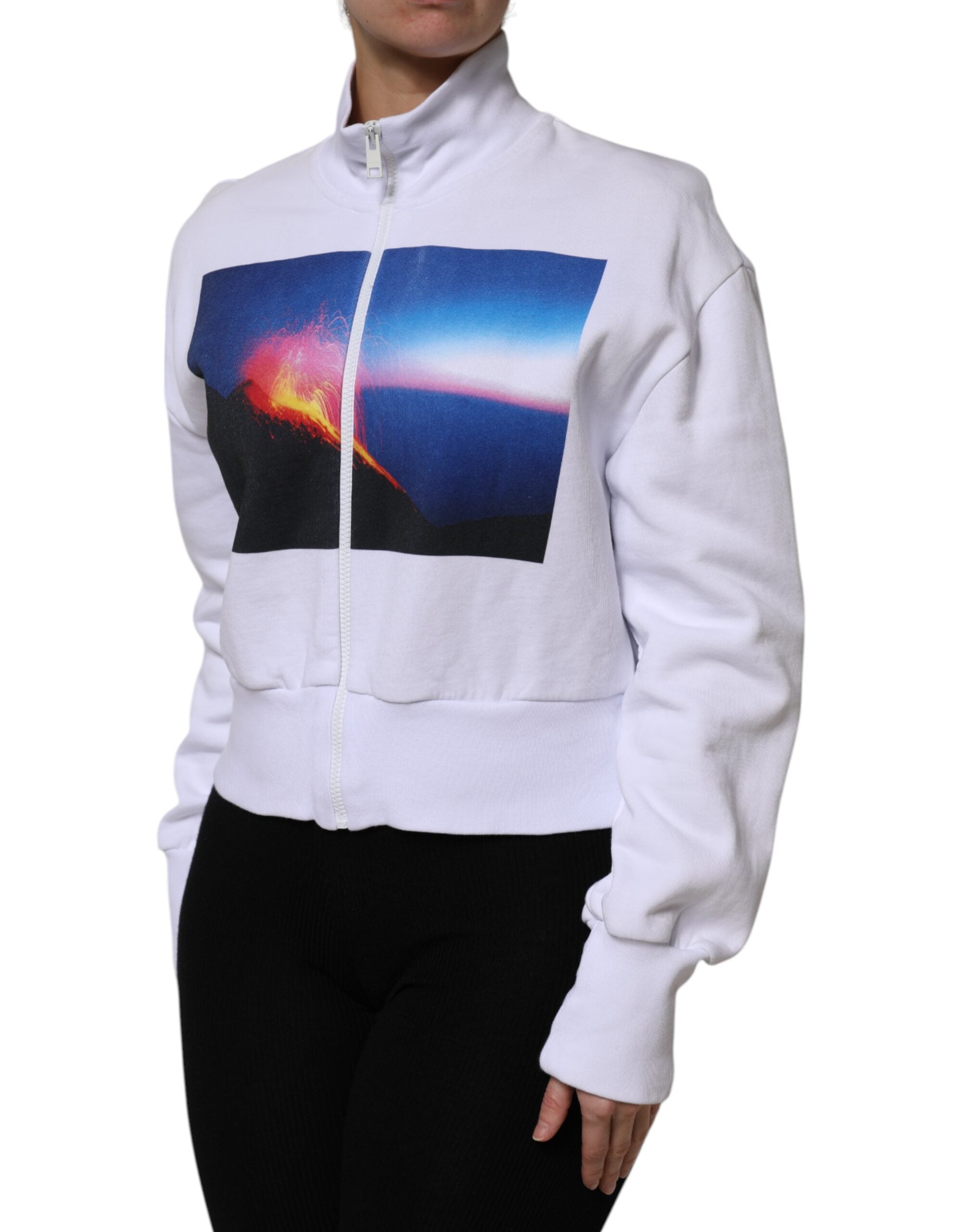 Jachetă bomber MSGM albă cu imprimeu grafic din bumbac și mâneci lungi cu fermoar complet