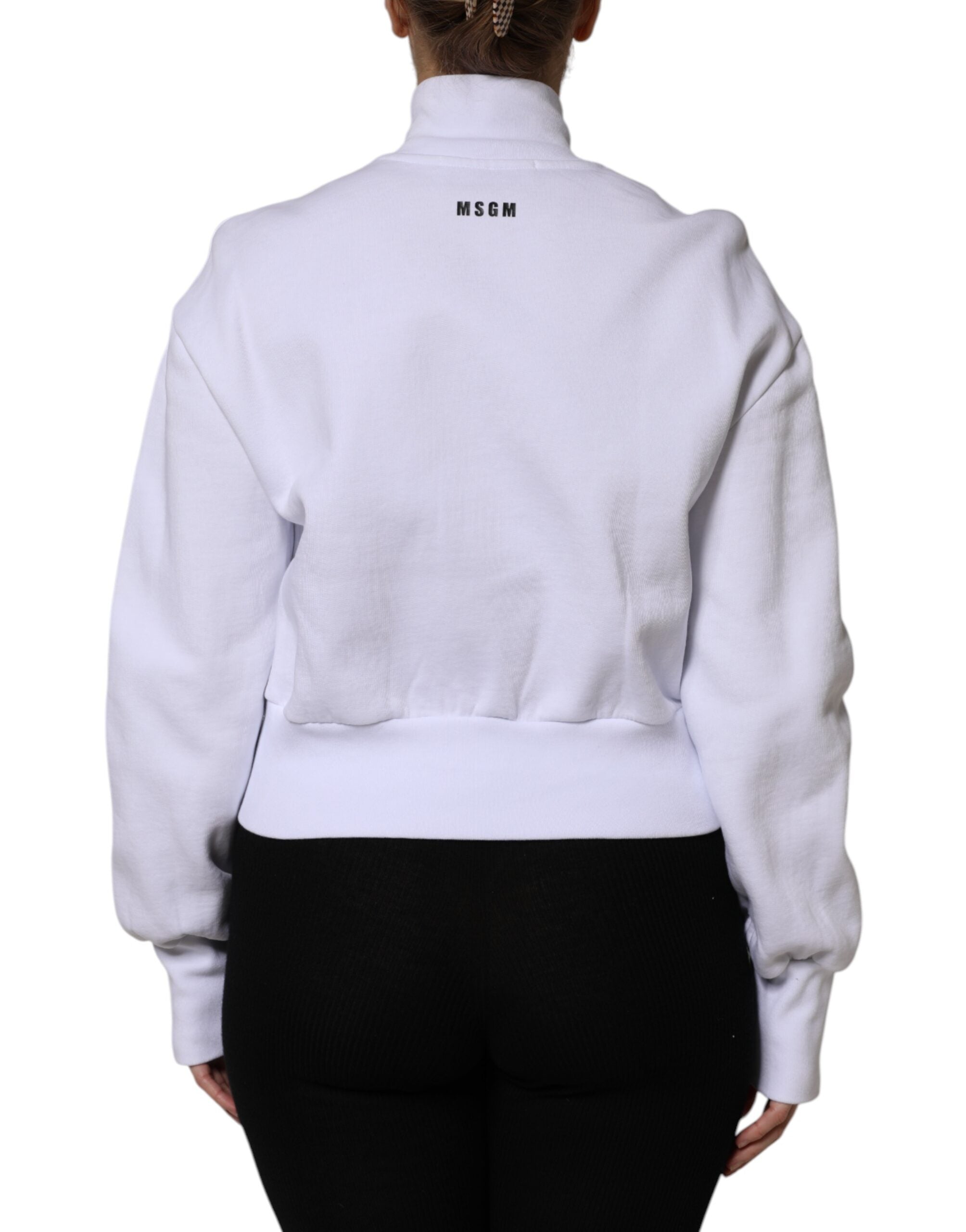 Jachetă bomber MSGM albă cu imprimeu grafic din bumbac și mâneci lungi cu fermoar complet