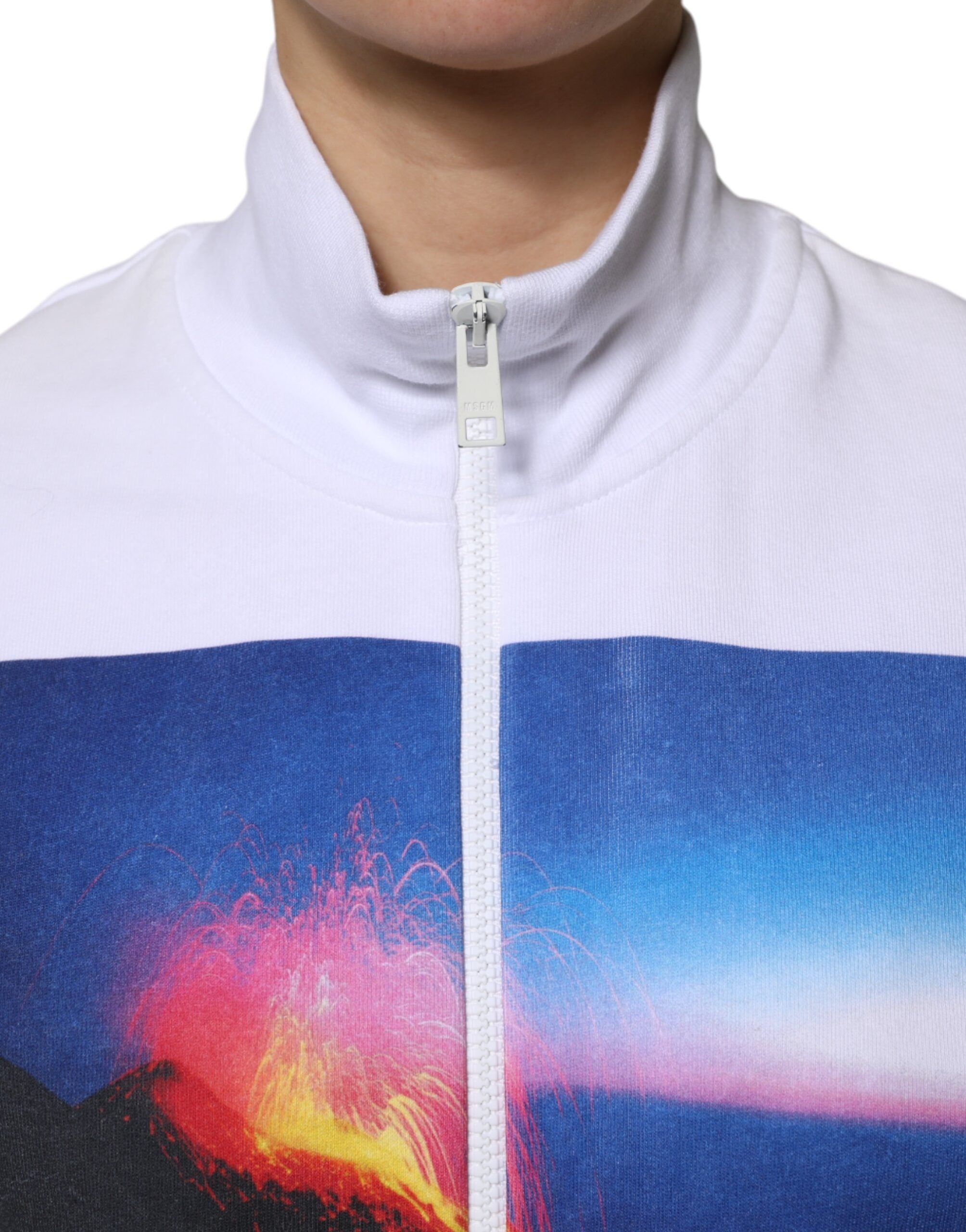 Jachetă bomber MSGM albă cu imprimeu grafic din bumbac și mâneci lungi cu fermoar complet