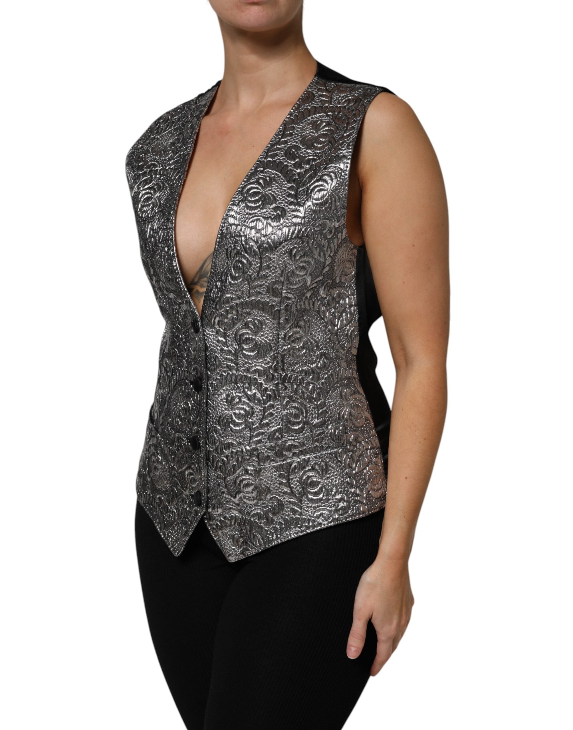 Dolce & Gabbana – Ärmelloses Trägertop aus Jacquard mit Blumenmuster in Silber