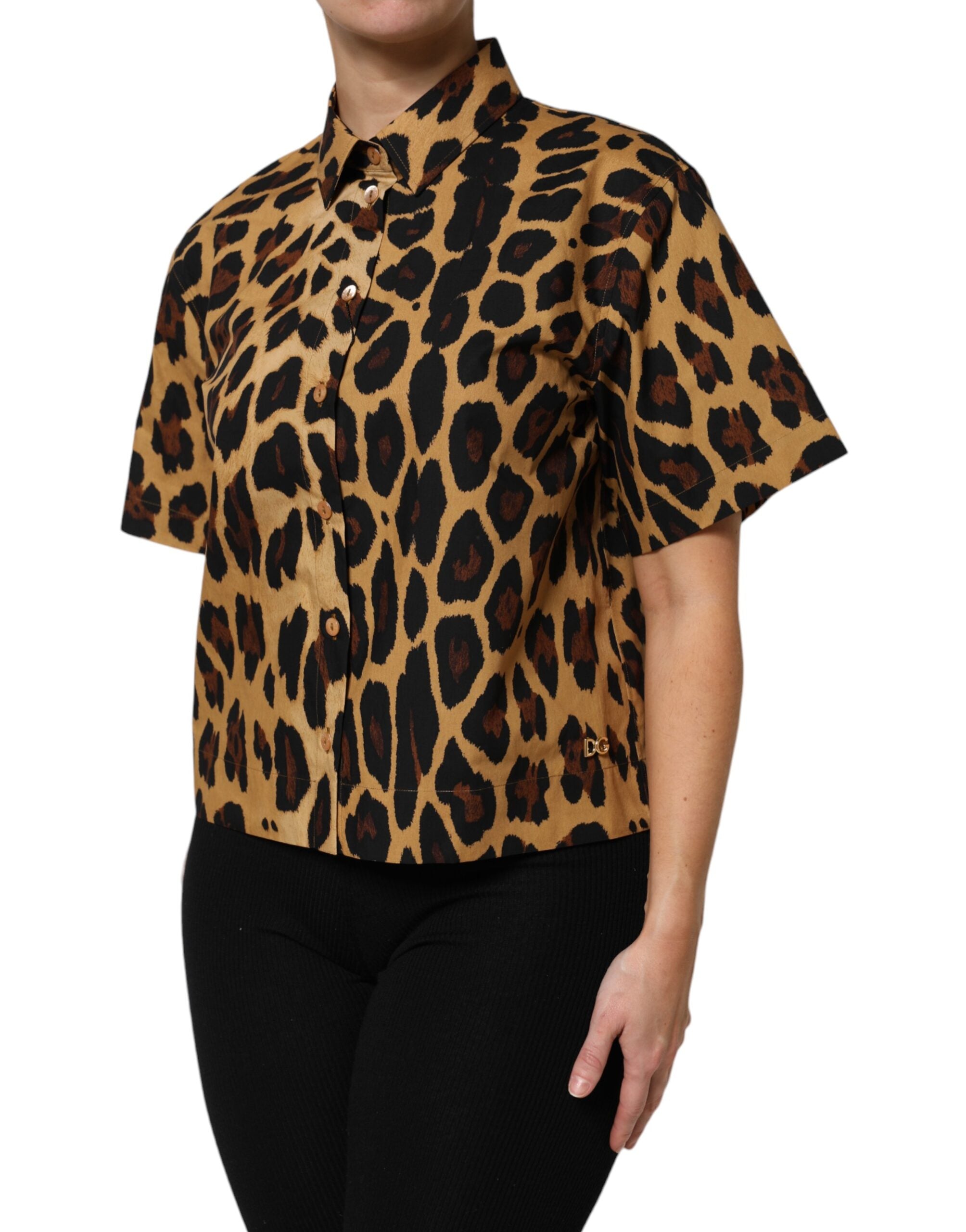 Dolce & Gabbana – Braunes Poloshirt mit Leopardenmuster und Kragen, kurzärmlig