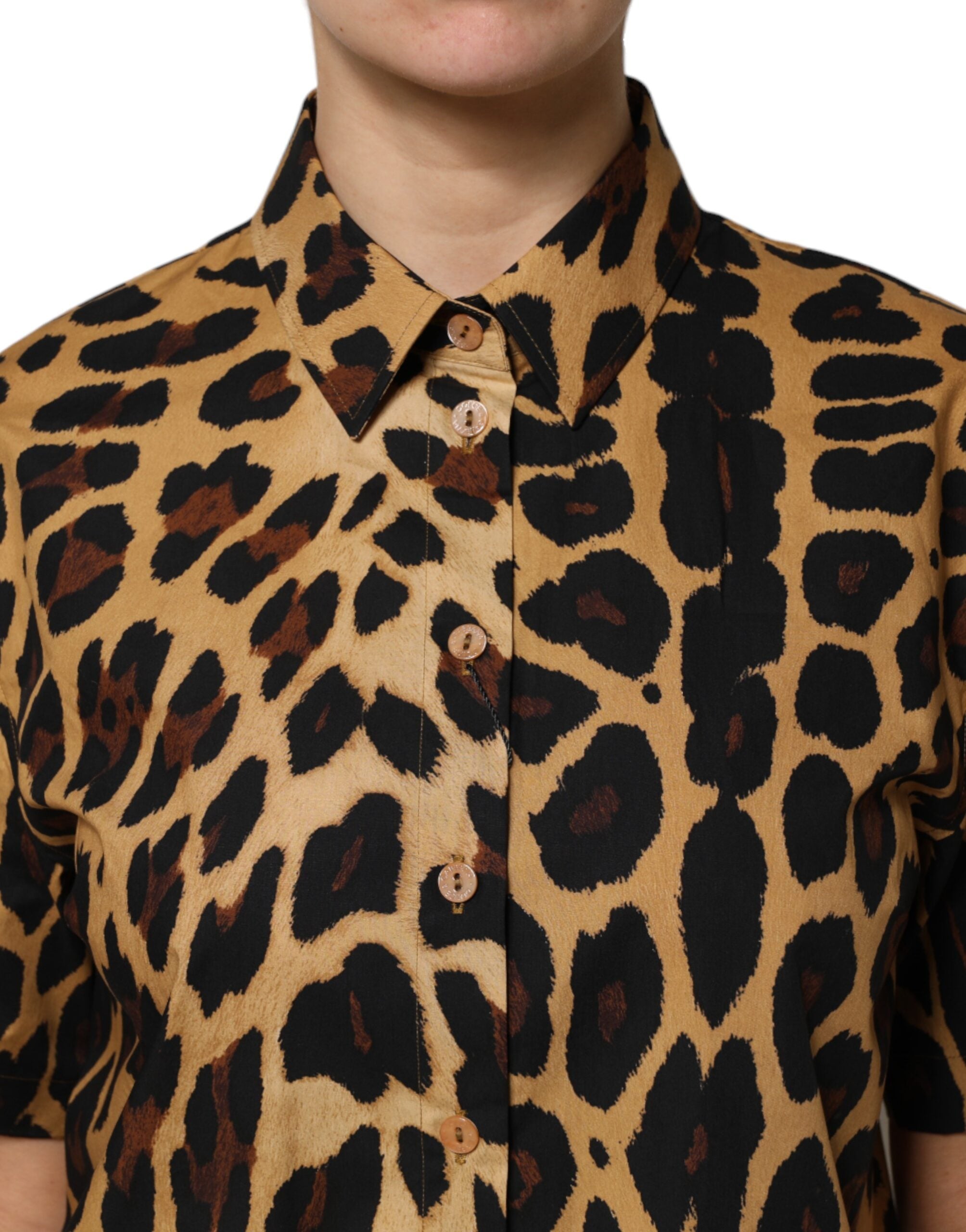 Dolce & Gabbana – Braunes Poloshirt mit Leopardenmuster und Kragen, kurzärmlig
